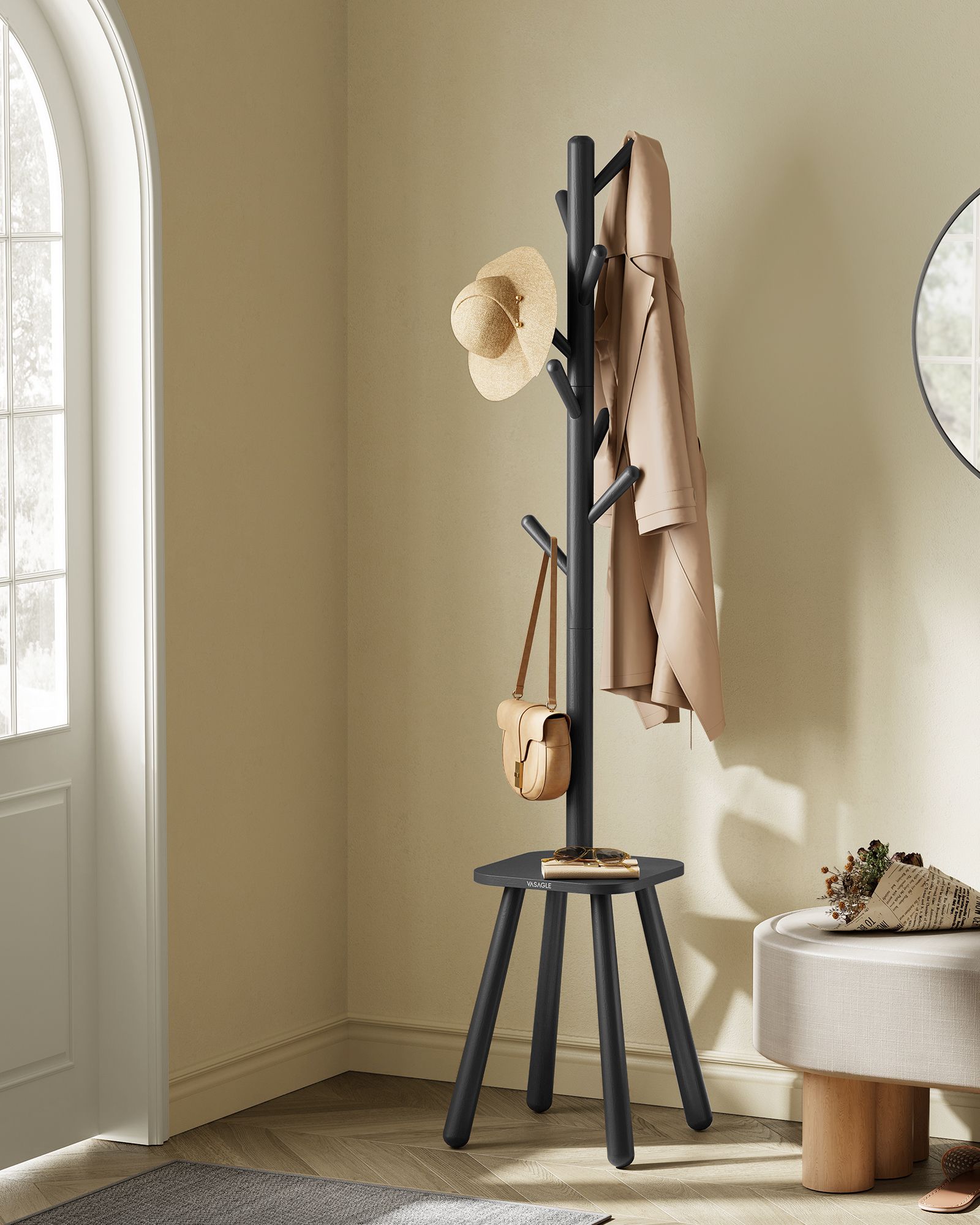 Free Standing Coat Stand with 8 Hooks and Storage Shelf - HWLEXTRA 