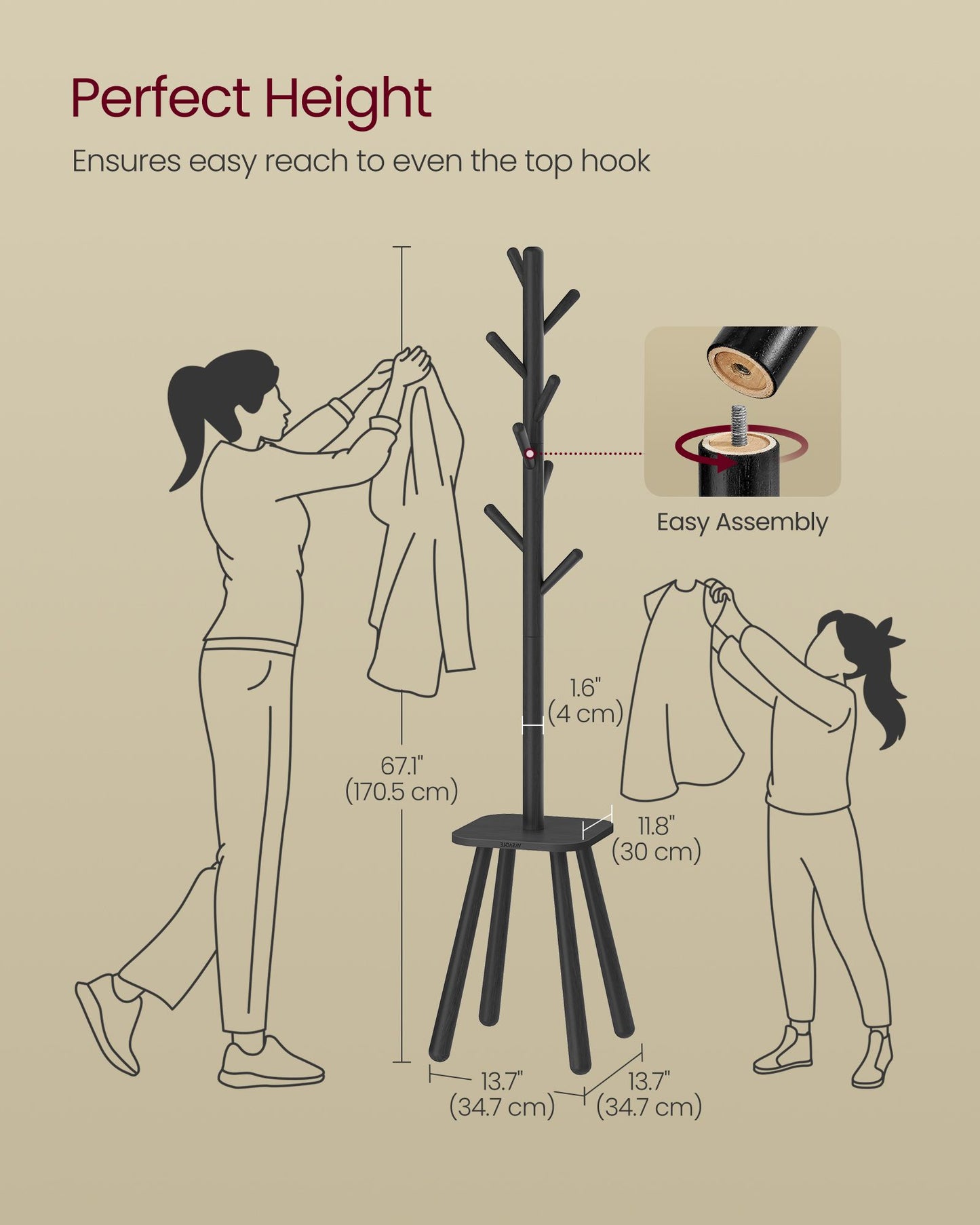 Free Standing Coat Stand with 8 Hooks and Storage Shelf - HWLEXTRA 
