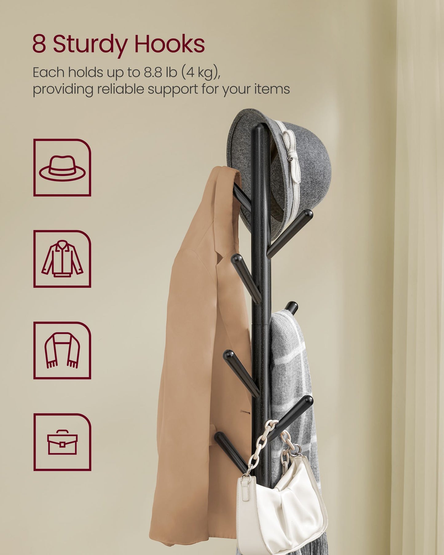 Free Standing Coat Stand with 8 Hooks and Storage Shelf - HWLEXTRA 