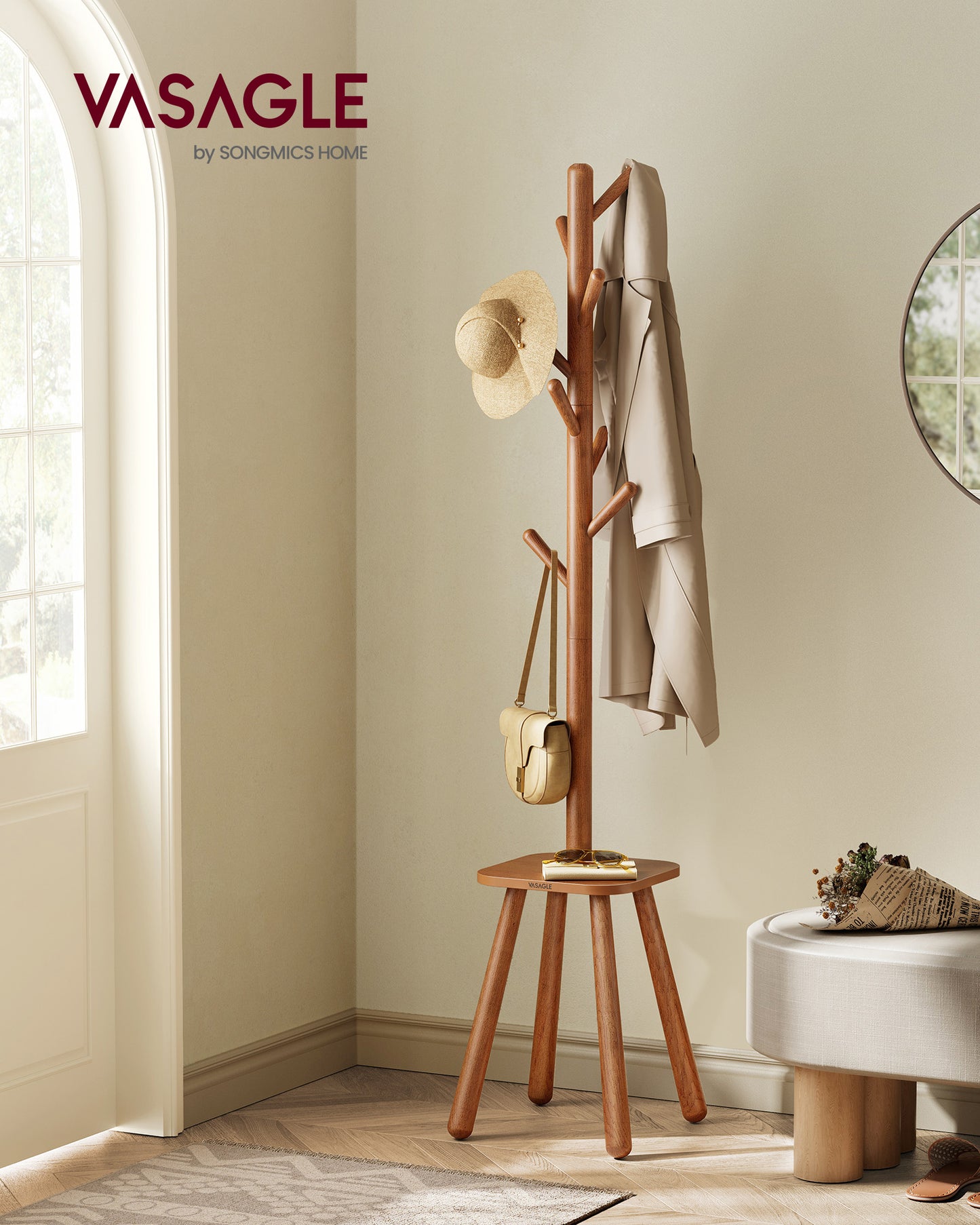 Free Standing Coat Stand with 8 Hooks and Storage Shelf - HWLEXTRA 