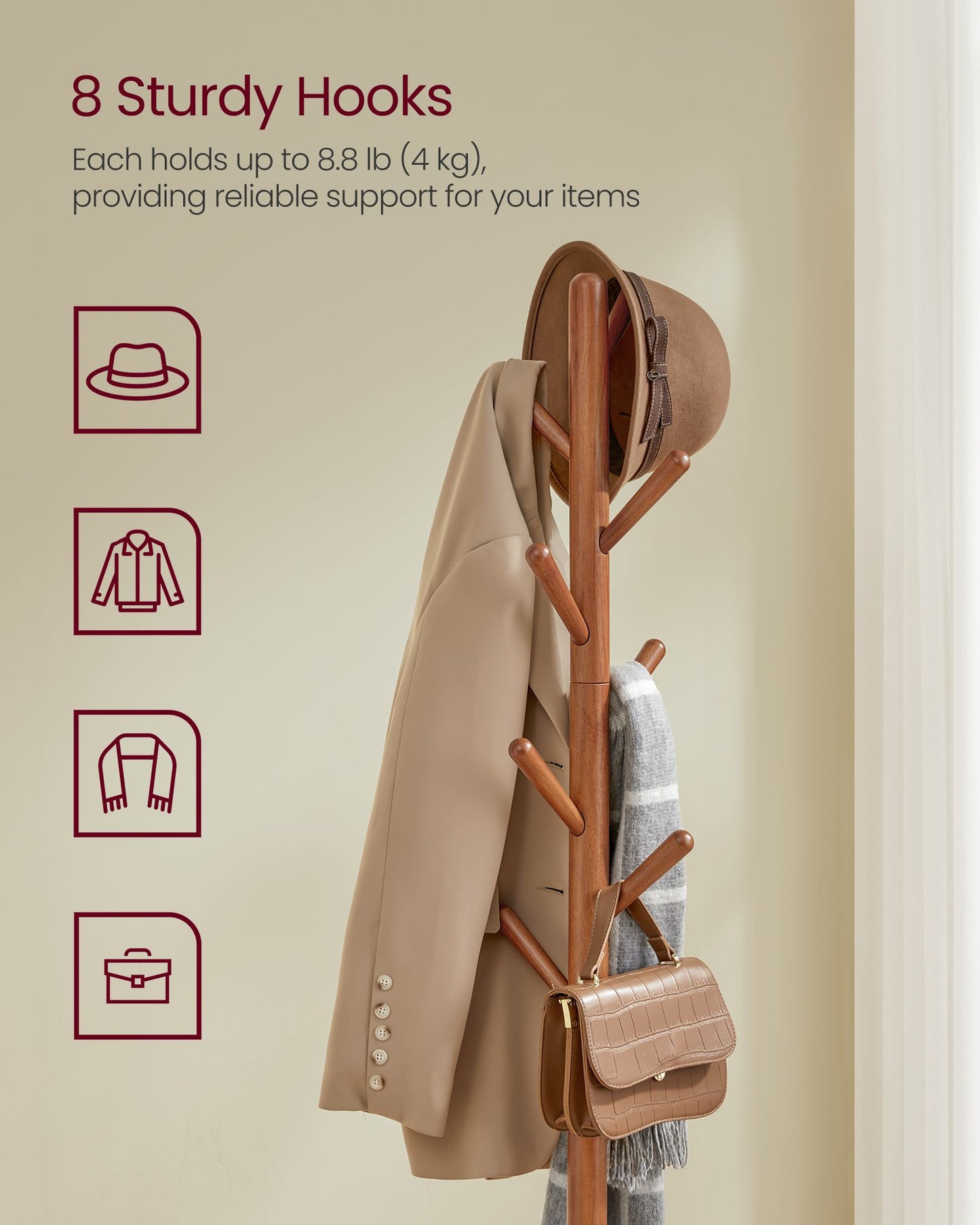 Free Standing Coat Stand with 8 Hooks and Storage Shelf - HWLEXTRA 