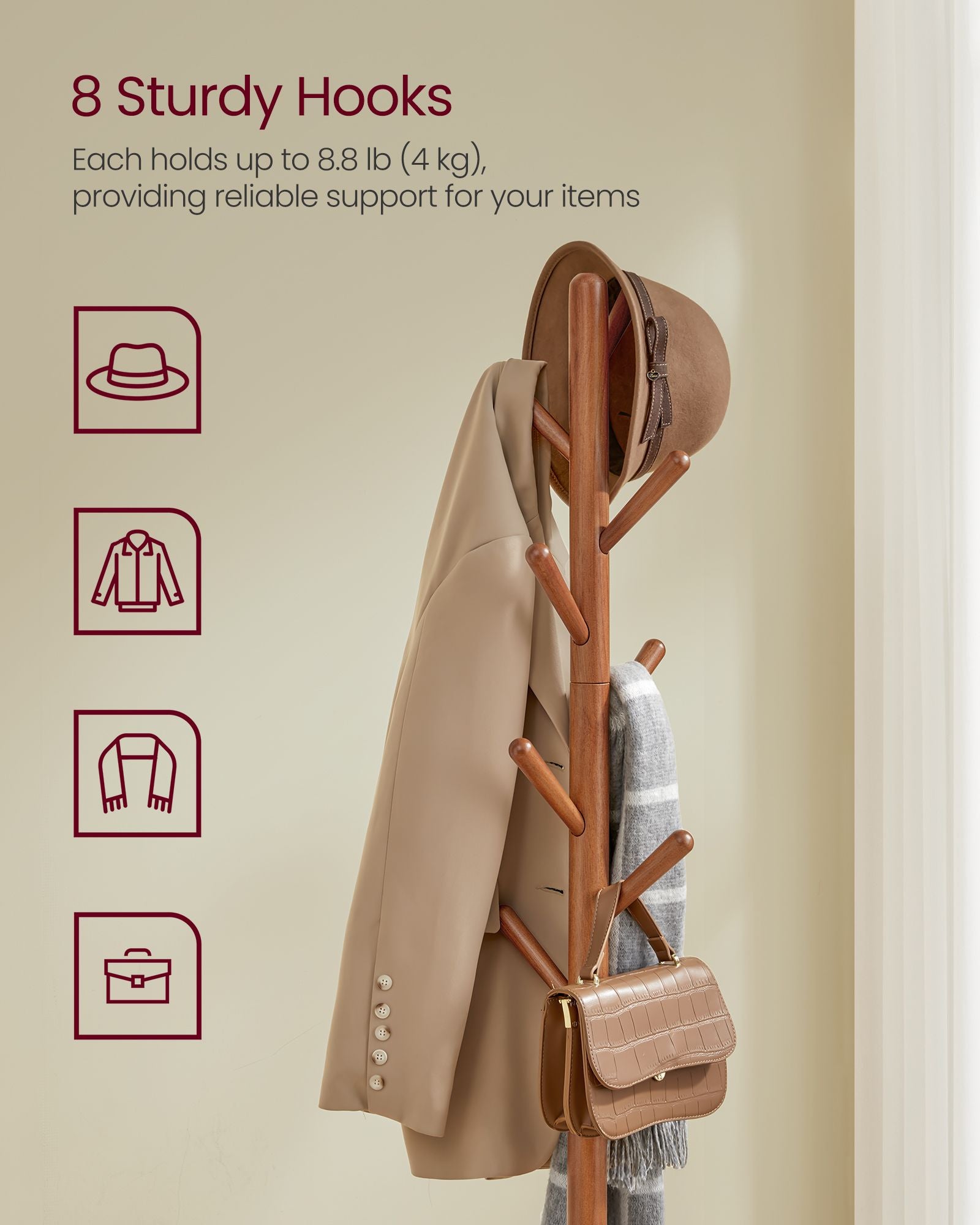 Free Standing Coat Stand with 8 Hooks and Storage Shelf - HWLEXTRA 