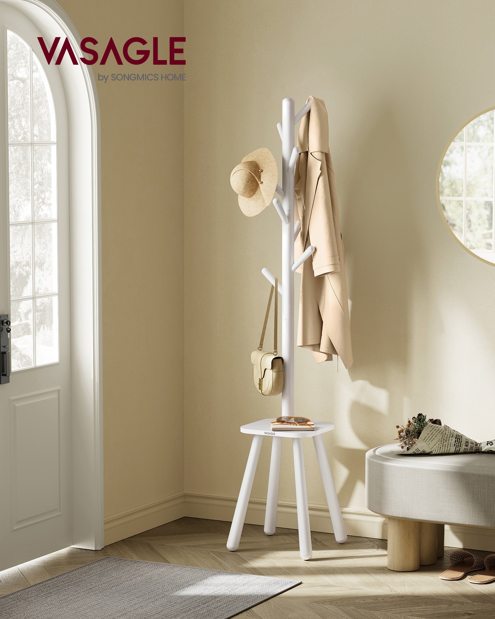 Free Standing Coat Stand with 8 Hooks and Storage Shelf - HWLEXTRA 