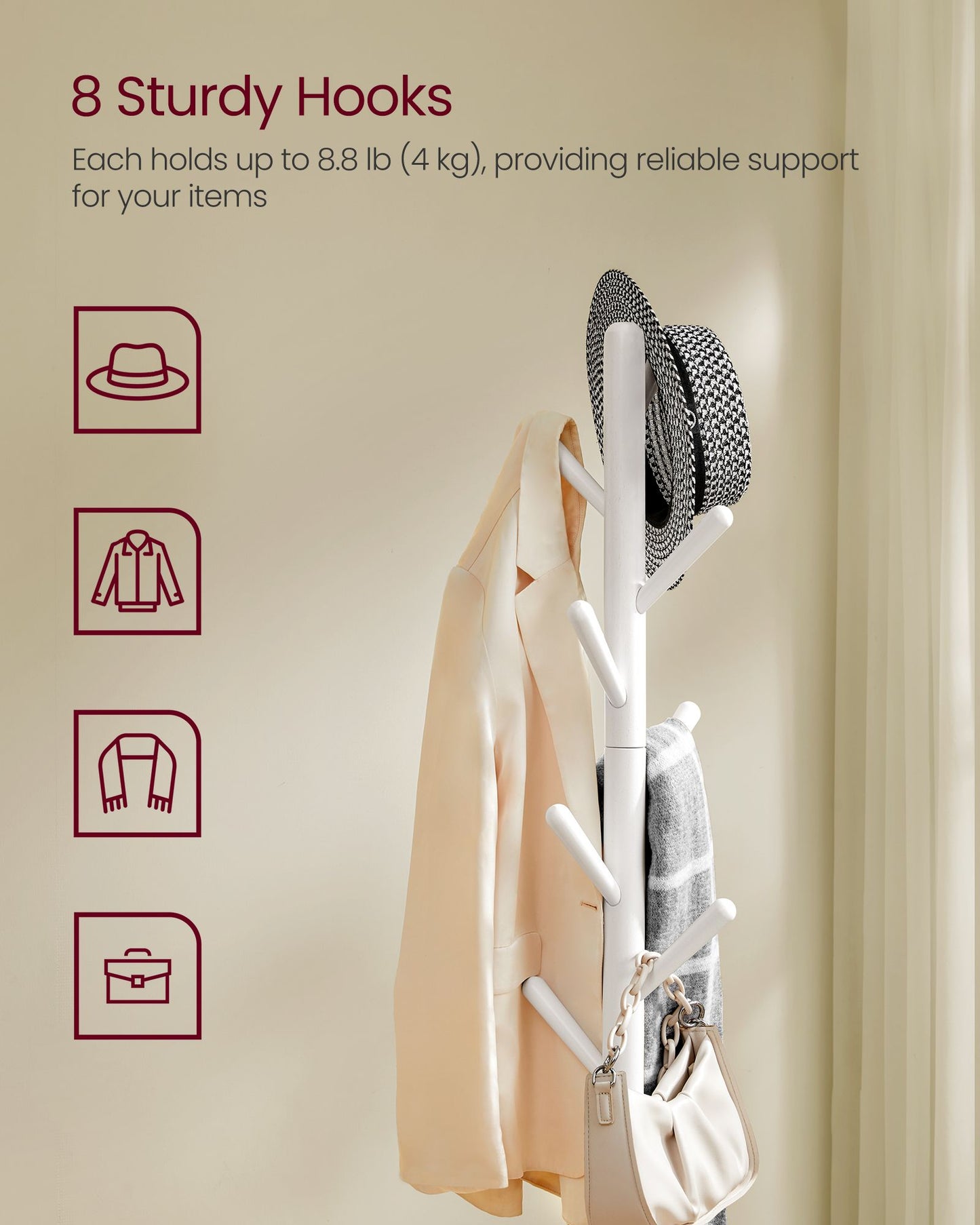 Free Standing Coat Stand with 8 Hooks and Storage Shelf - HWLEXTRA 