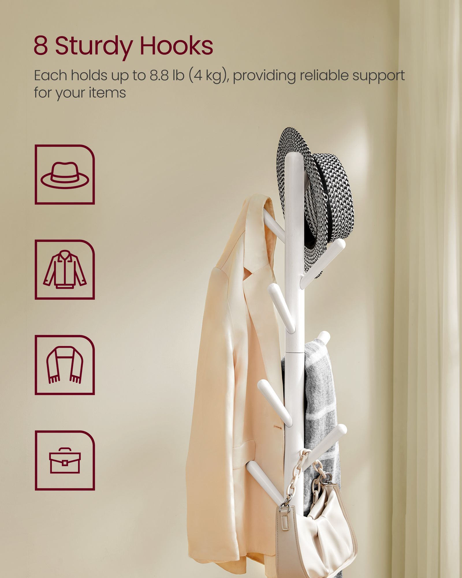 Free Standing Coat Stand with 8 Hooks and Storage Shelf - HWLEXTRA 