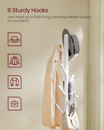Free Standing Coat Stand with 8 Hooks and Storage Shelf - HWLEXTRA 