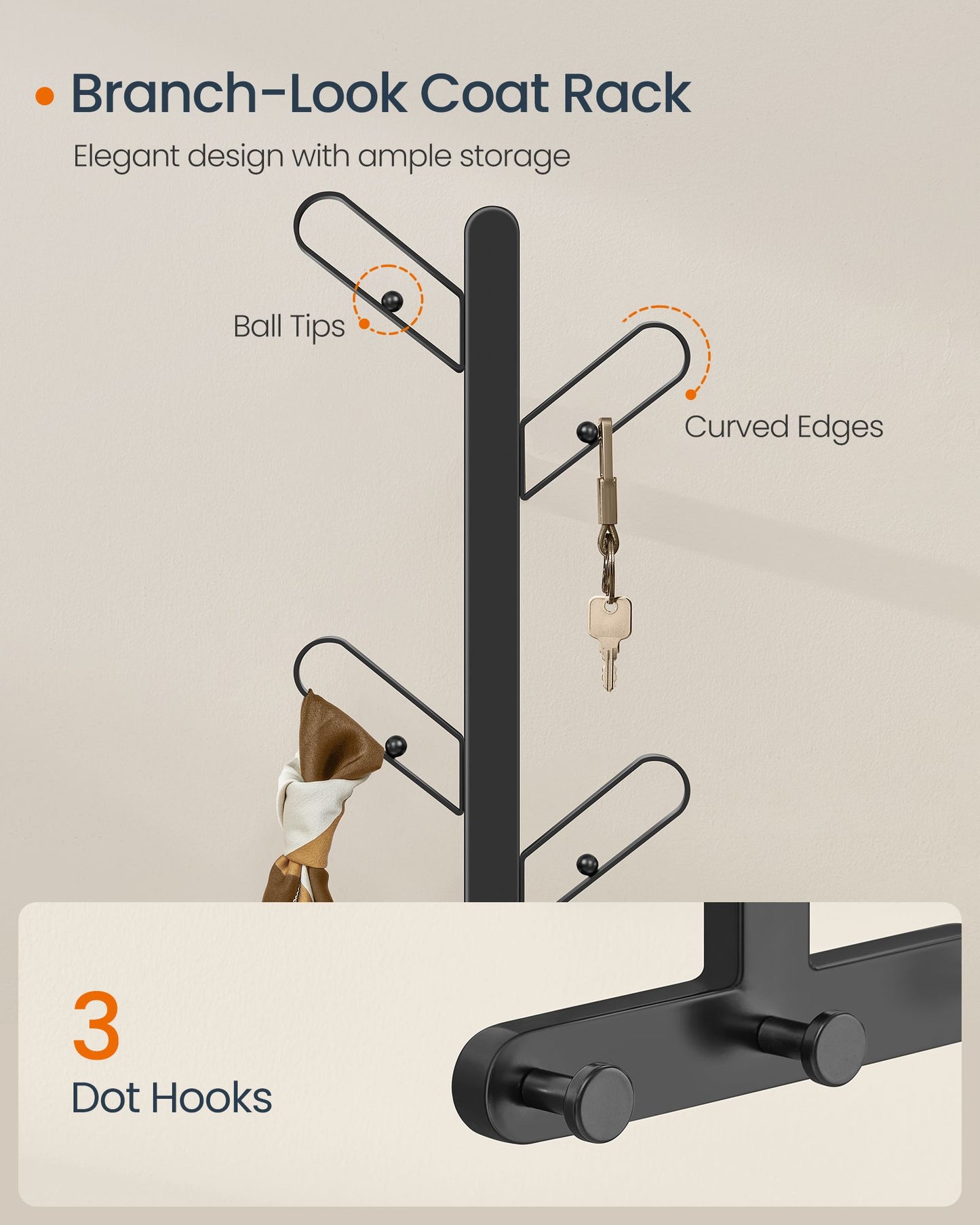 Wall-Mounted Coat Rack with 7 Hooks, Ball Tips
