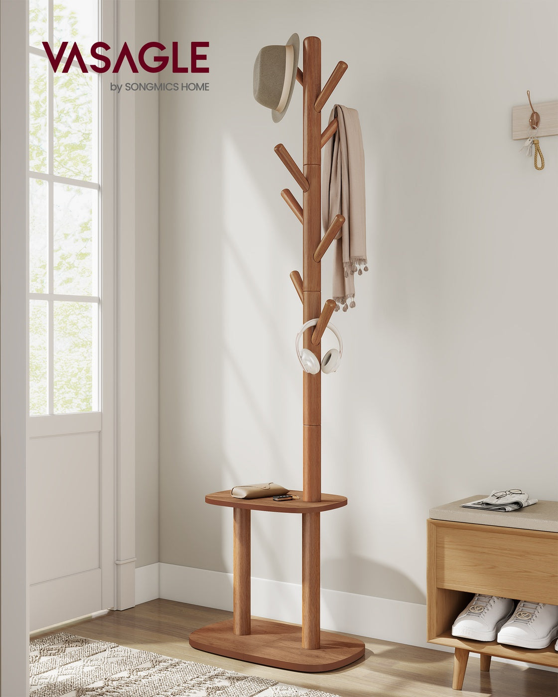 Hall Coat Tree with 8 Hooks and Storage Shelf