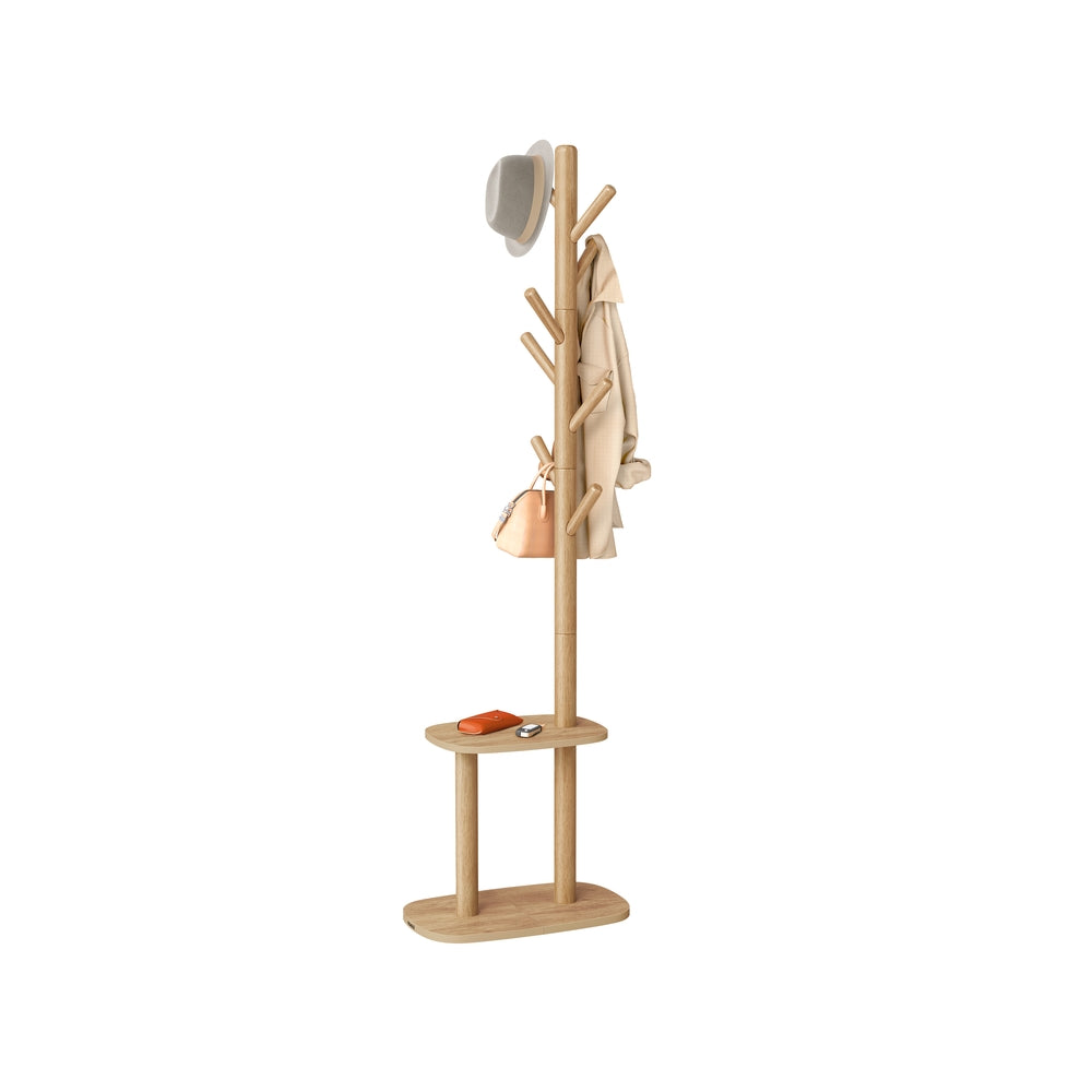 Hall Coat Tree with 8 Hooks and Storage Shelf - Natural