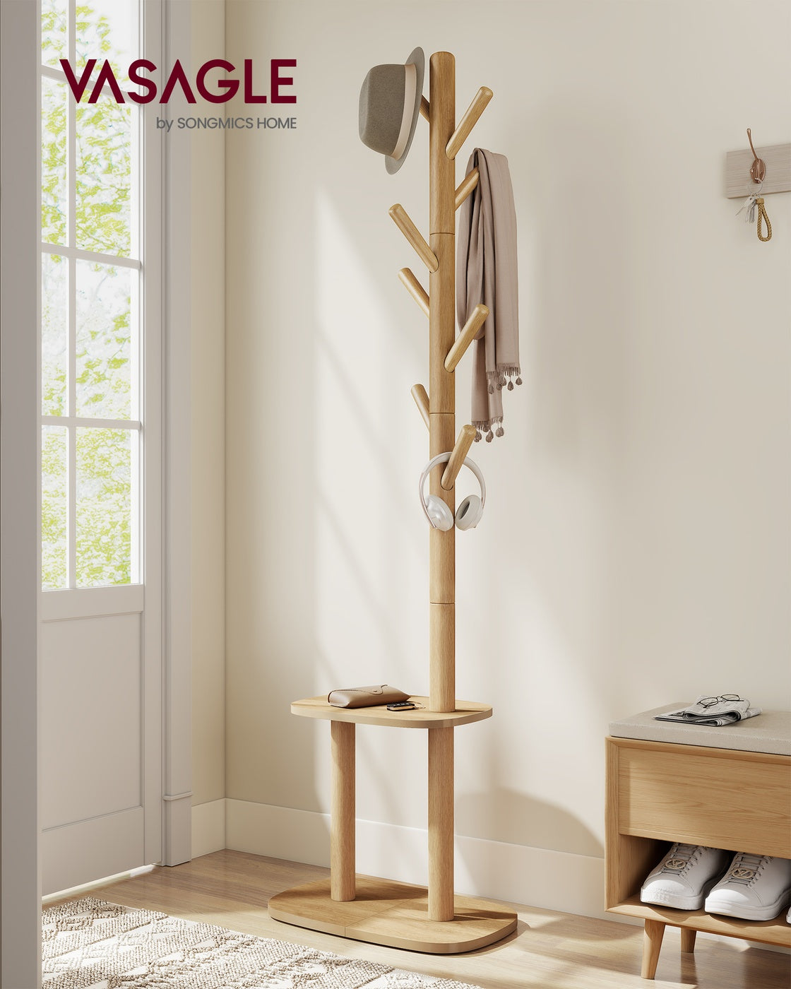 Hall Coat Tree with 8 Hooks and Storage Shelf