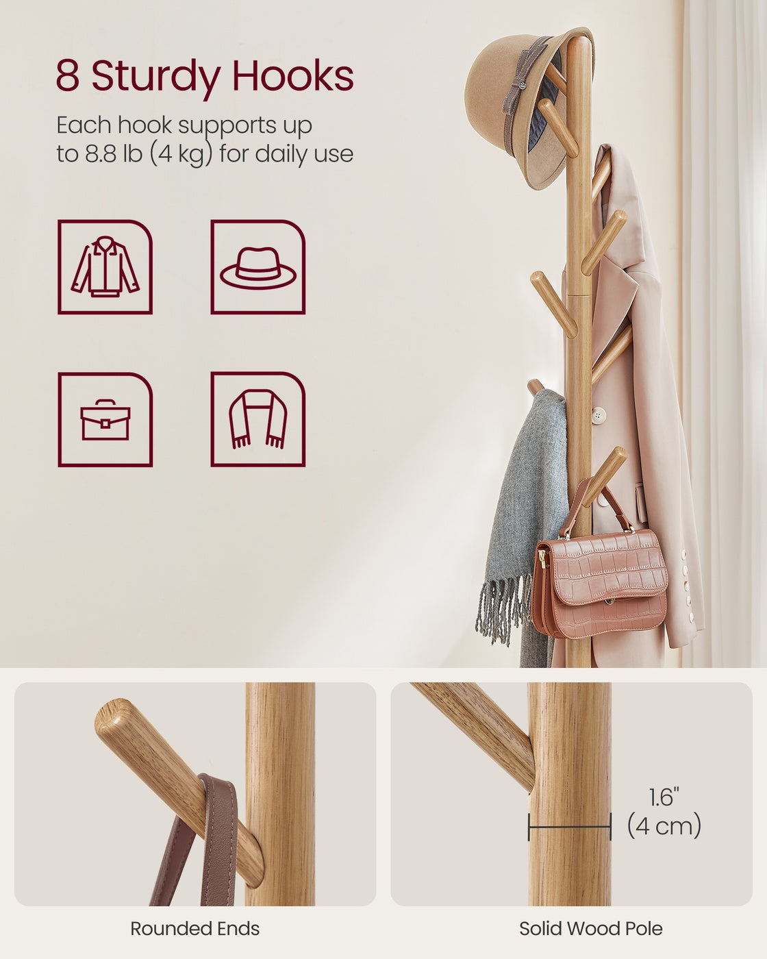 Hall Coat Tree with 8 Hooks and Storage Shelf