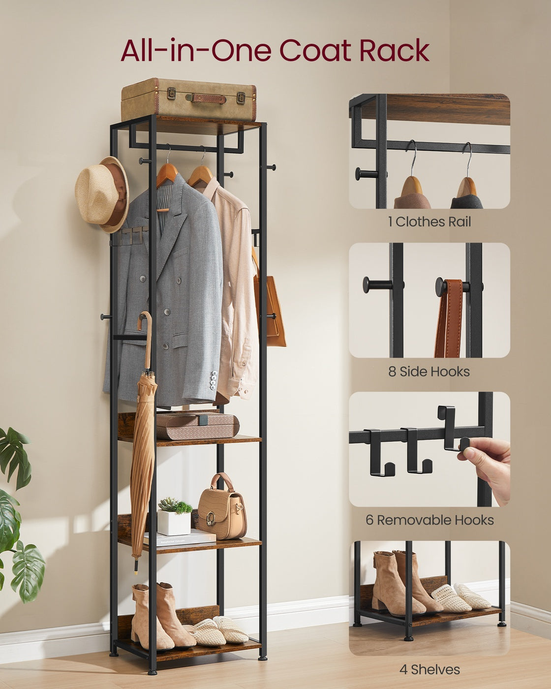 Coat rack freestanding hall tree with shelves - image 9