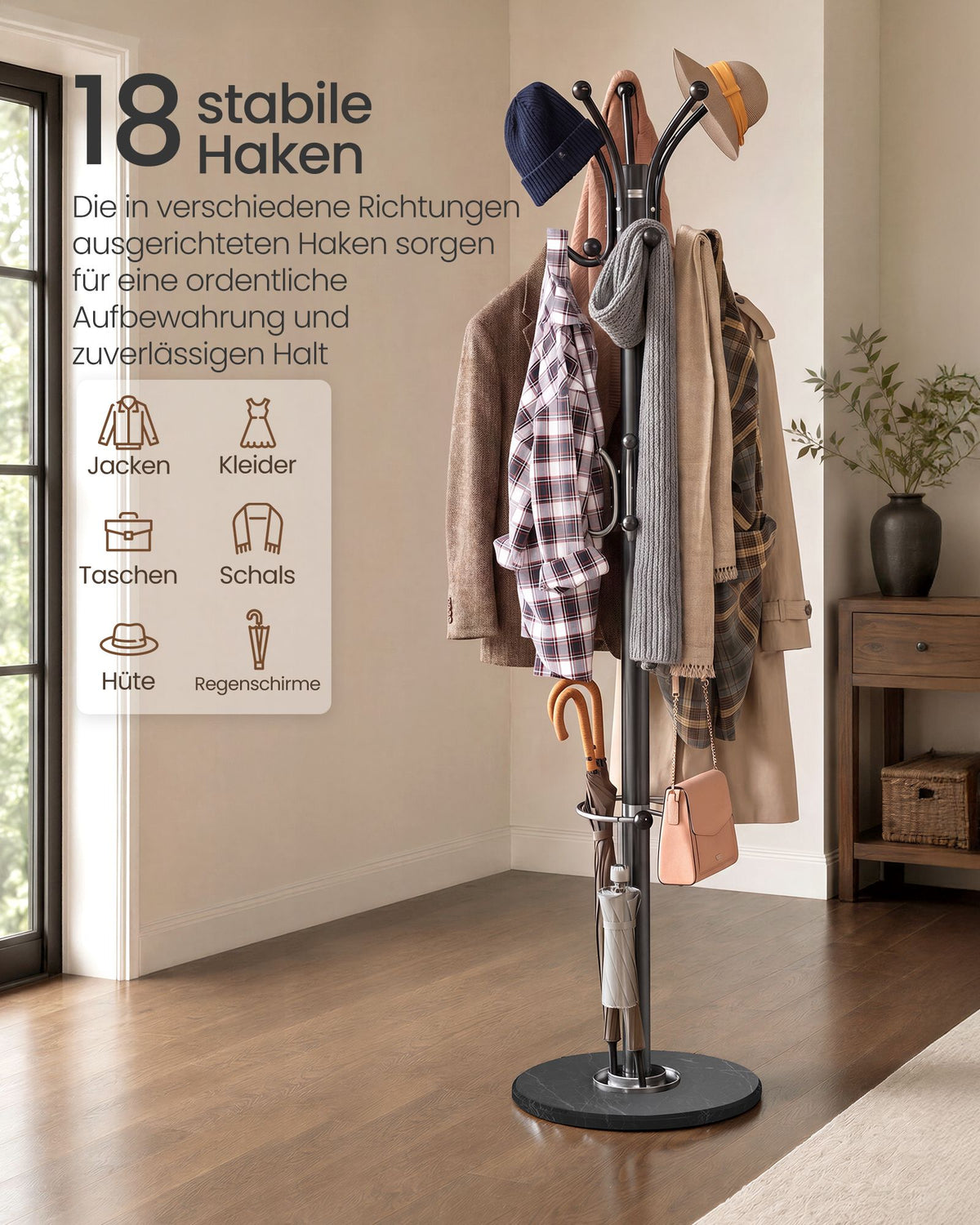 Black Coat Rack with Umbrella Holder — 18 Hooks