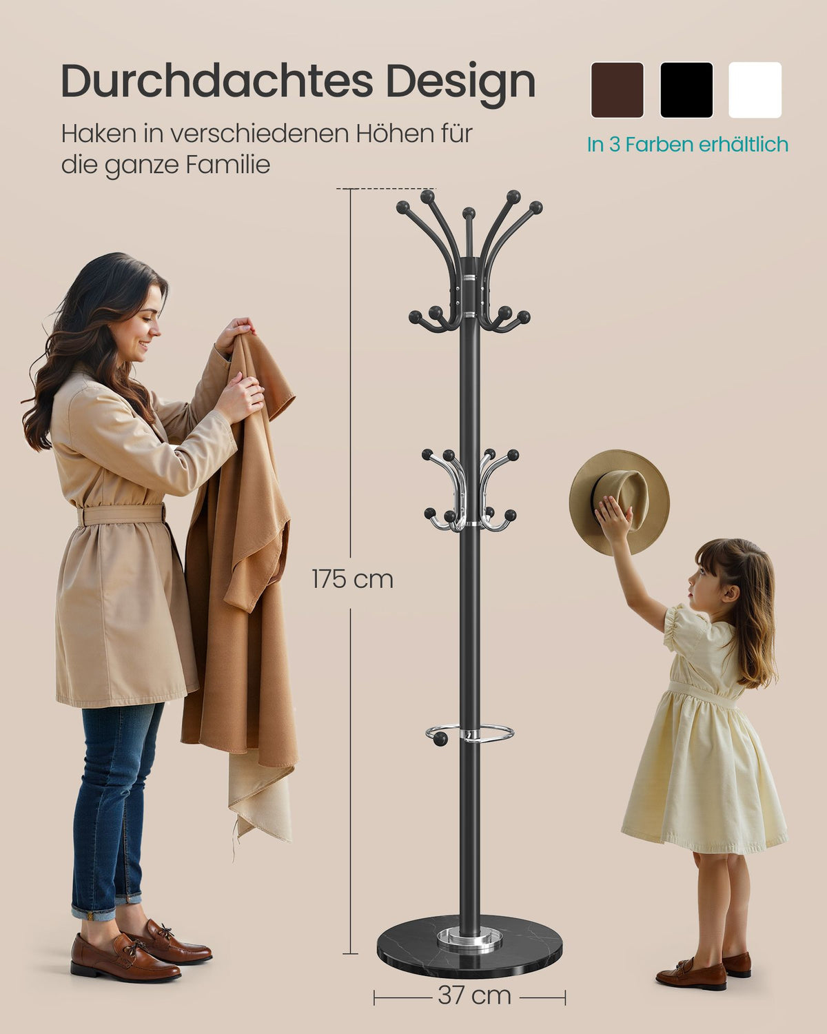Black Coat Rack with Umbrella Holder — 18 Hooks