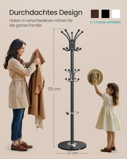 Black Coat Rack with Umbrella Holder — 18 Hooks