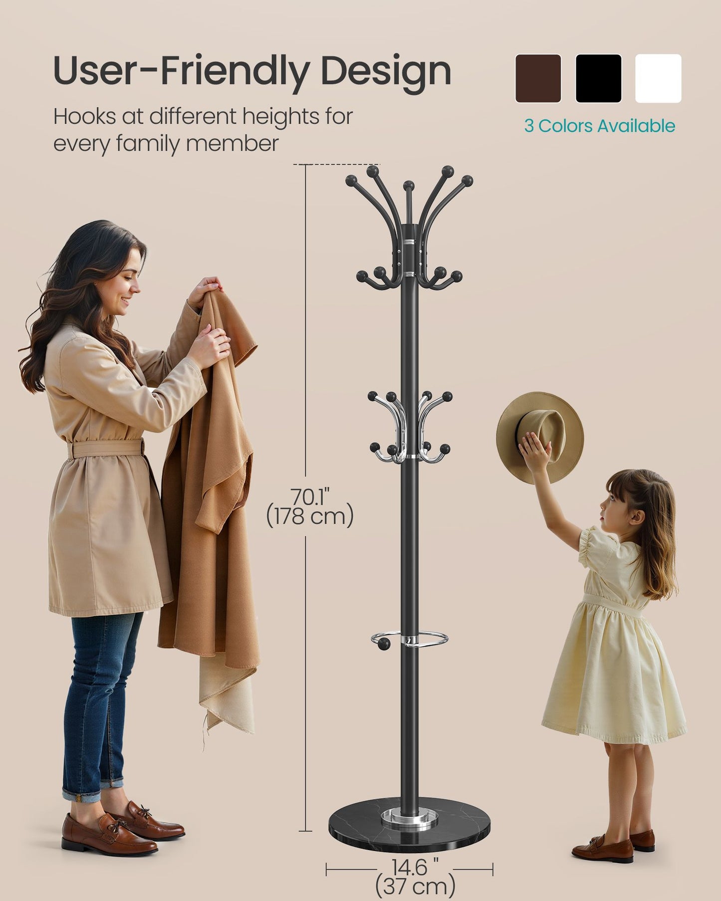 Freestanding Coat Rack, Steel Coat Tree with Marble Base - image 8