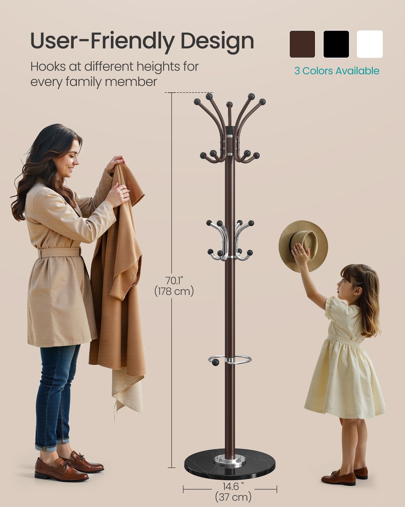 Freestanding Coat Rack, Steel Coat Tree with Marble Base - image 4