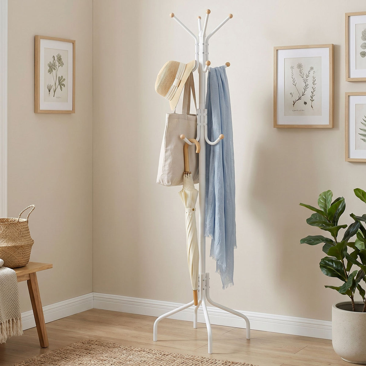 Coat Stand, Metal Coat Rack with 12 Hooks, 4 Legs