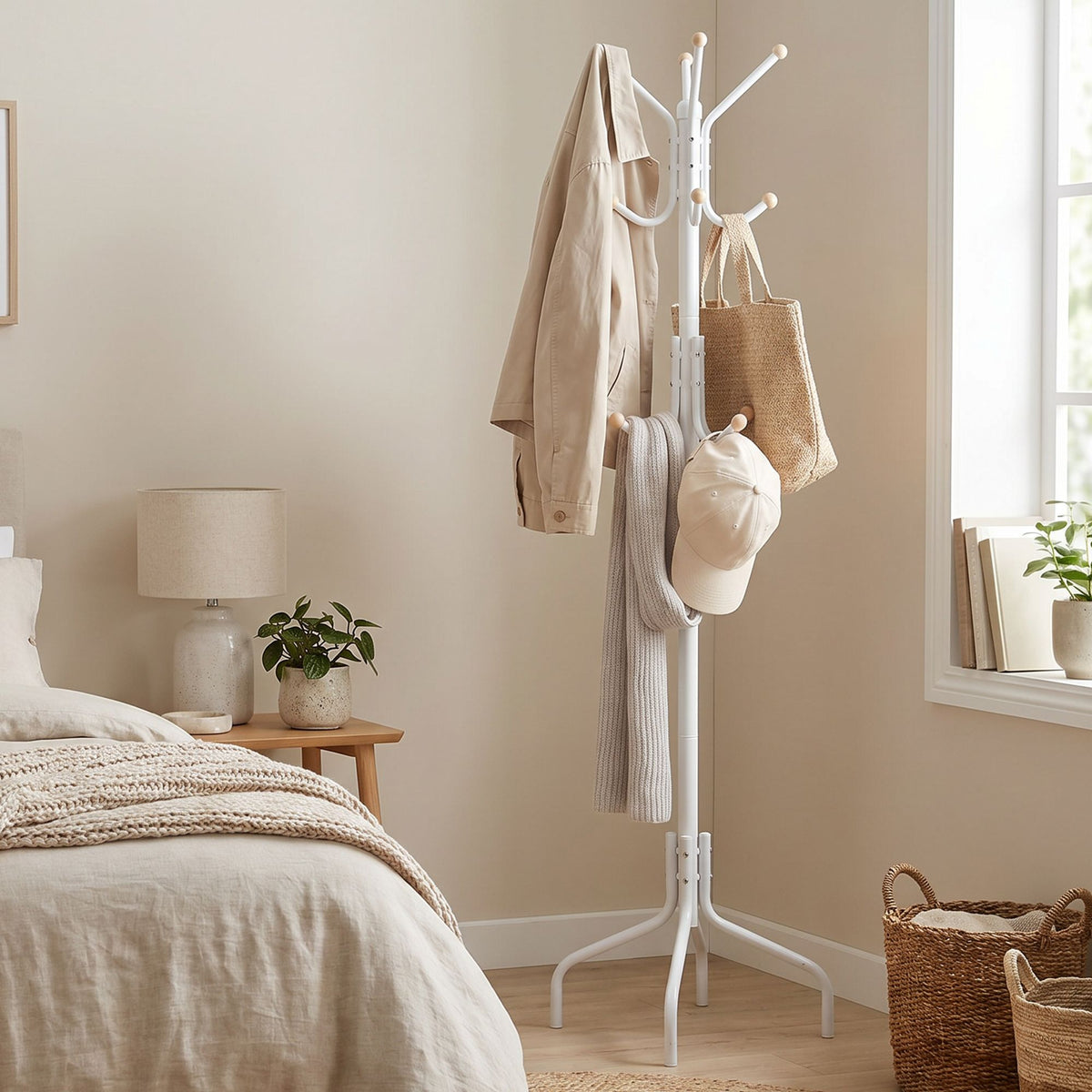 Coat Stand, Metal Coat Rack with 12 Hooks, 4 Legs