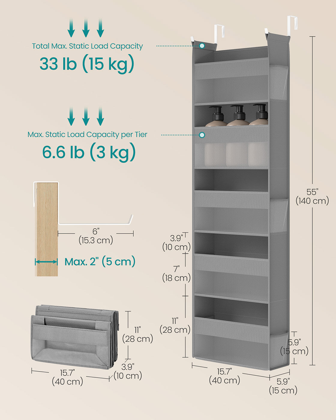 Set of 2 Hanging Door Organizers with 5 Large Pockets - HWLEXTRA 