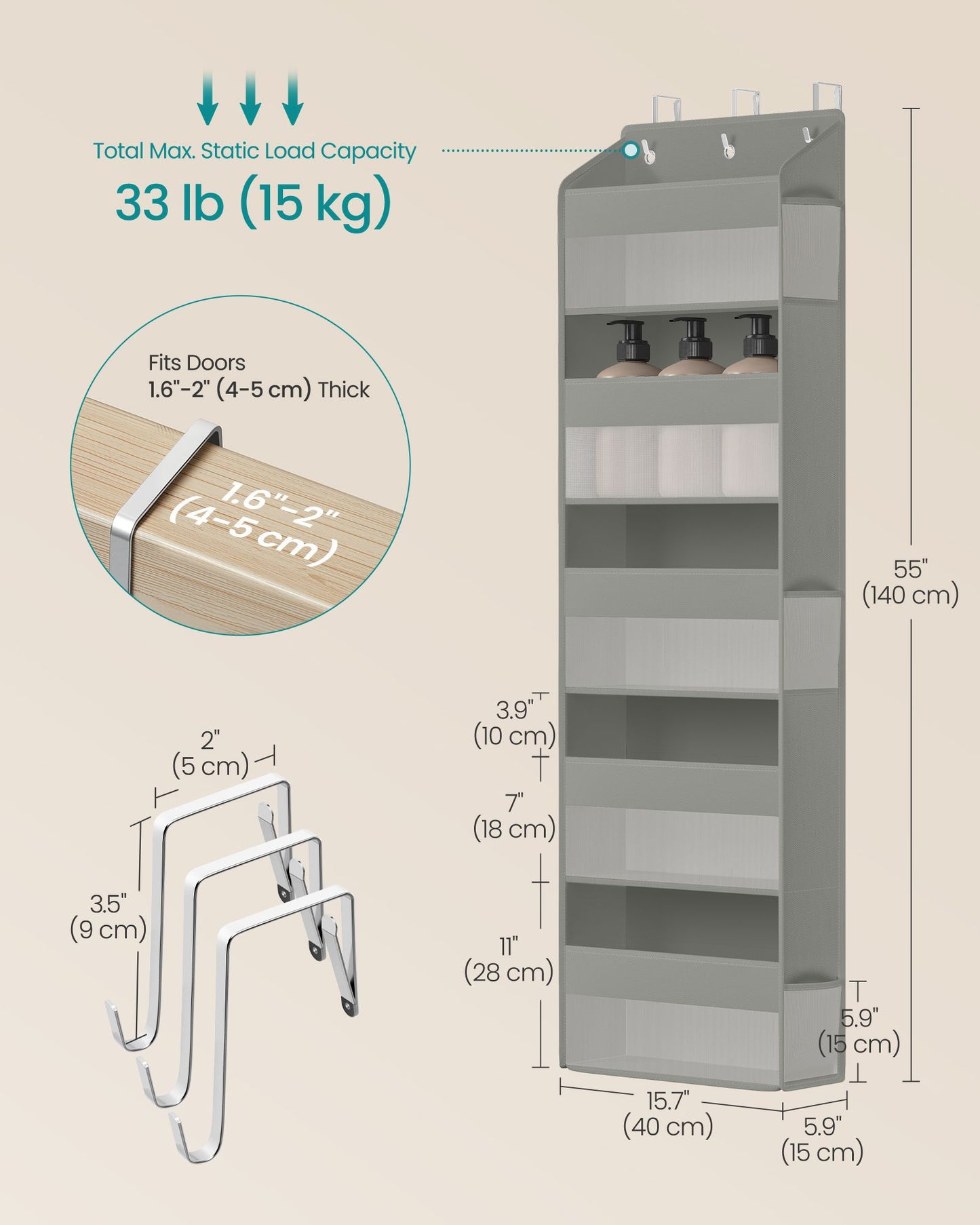 Over-the-Door Organizer, 2 Pack 5-Tier Door Hanging Storage Shelf, Transparent, Pockets, Metal Hooks - image 3
