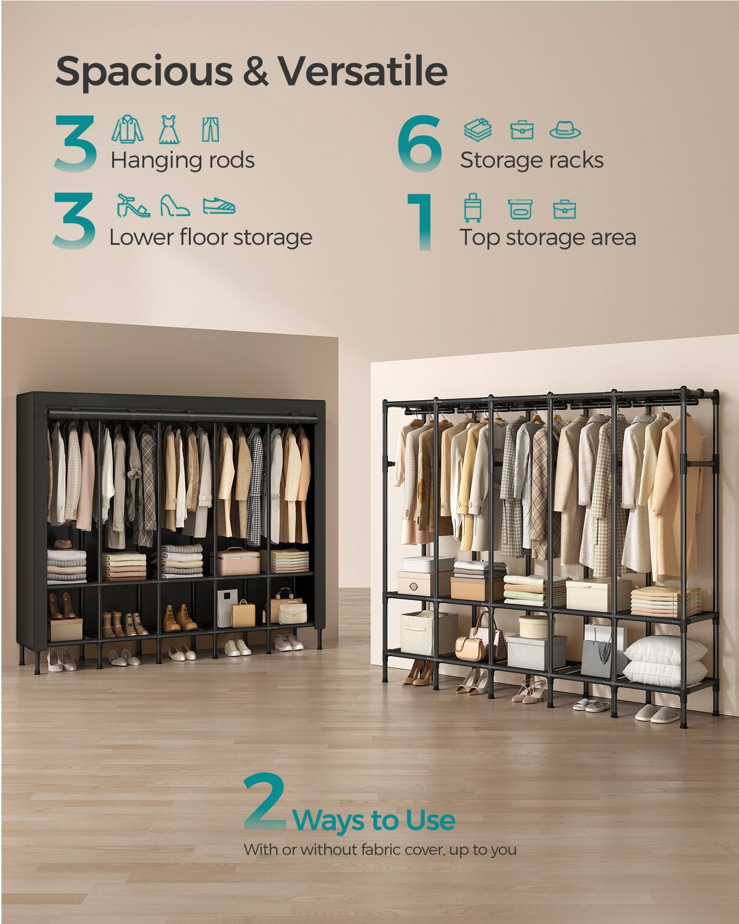 83.5 Inch Wardrobe Closet with 5 Hanging Rails and 10 Shelves