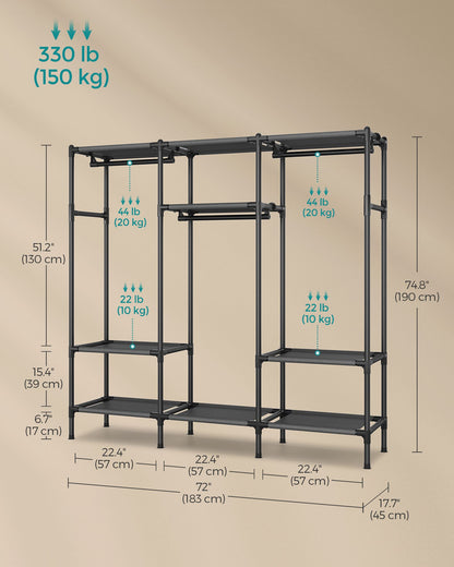 72 Inch Large Capacity Clothes Rack with Hanging Rails and Shelves
