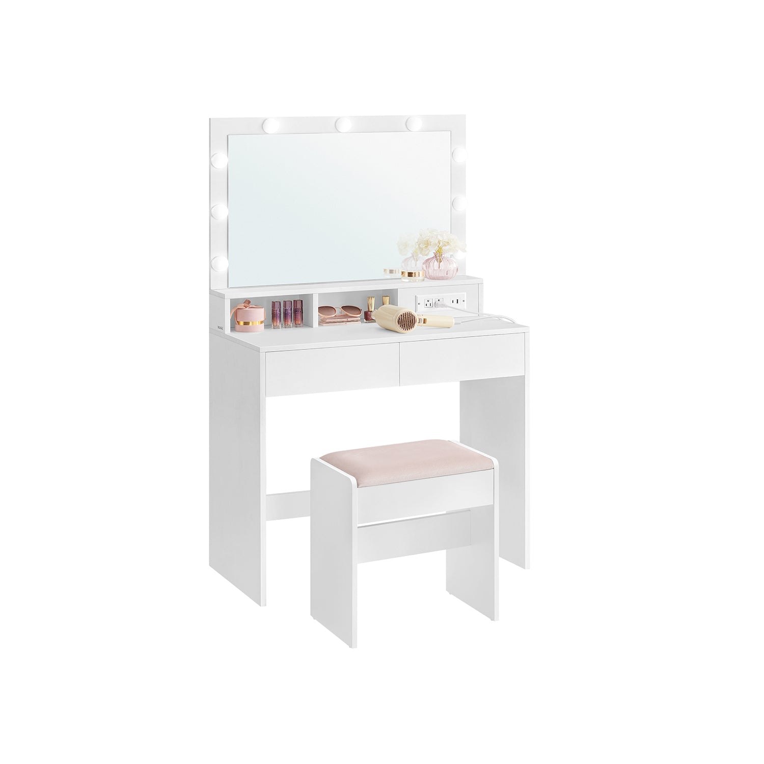 Vanity Desk with Power Outlets, Mirror and Lights