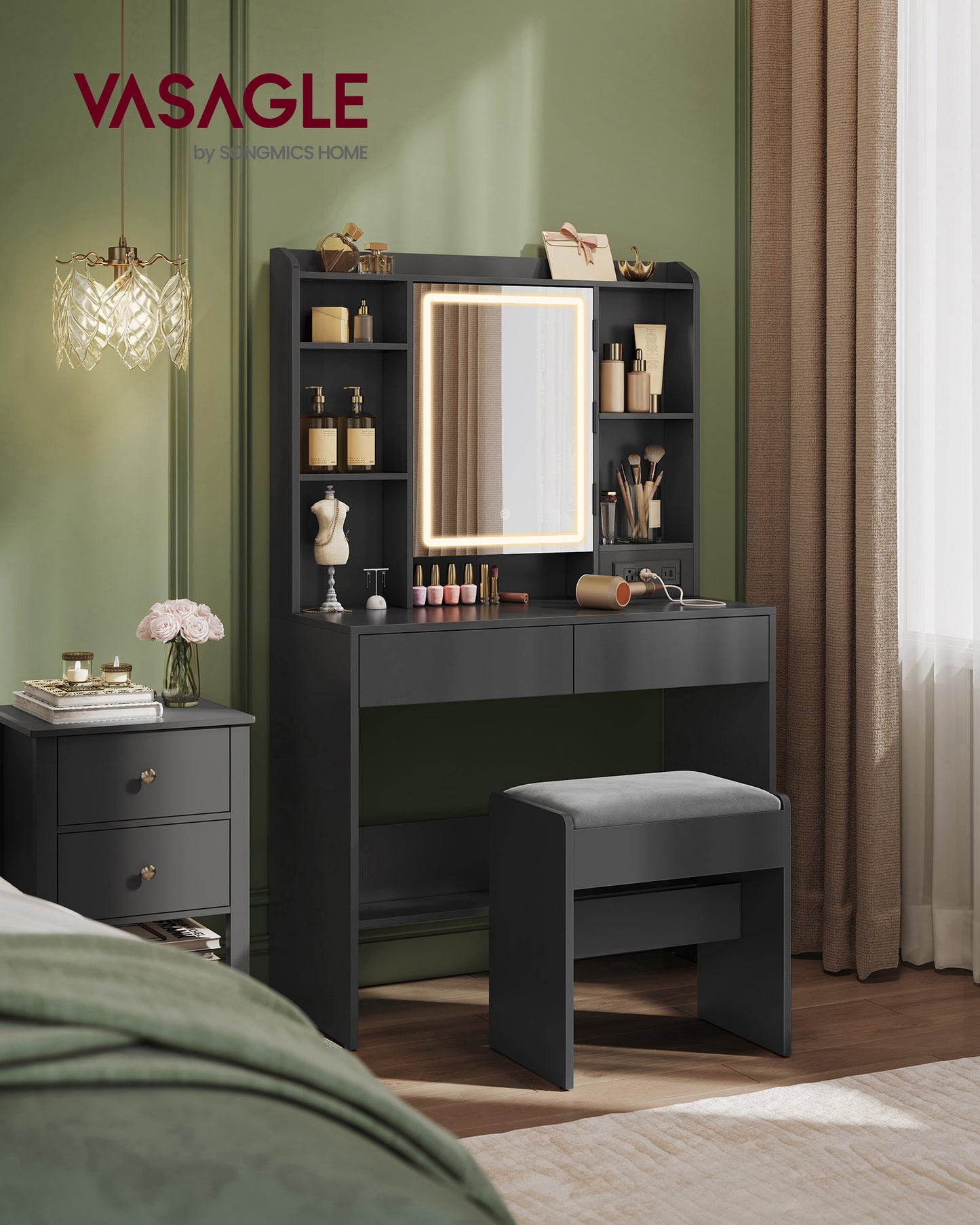 Vanity Desk with Power Outlets, Mirror and Lights