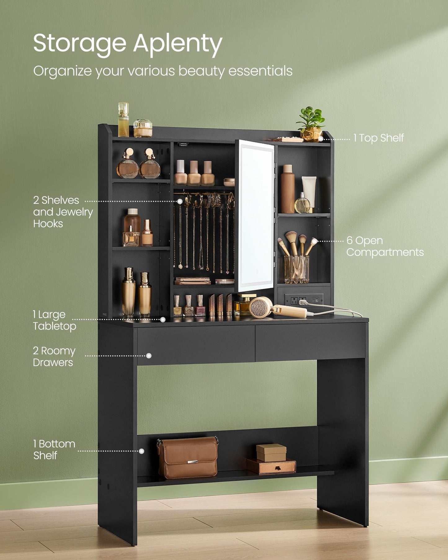 Vanity Desk with Power Outlets, Mirror and Lights