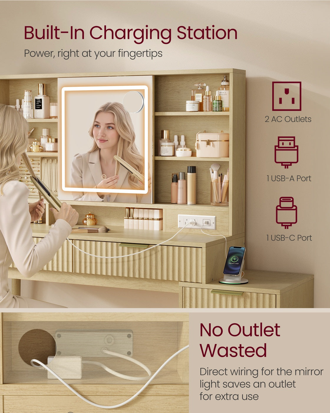 Vanity Desk with Sliding Mirror and Lights - image 6