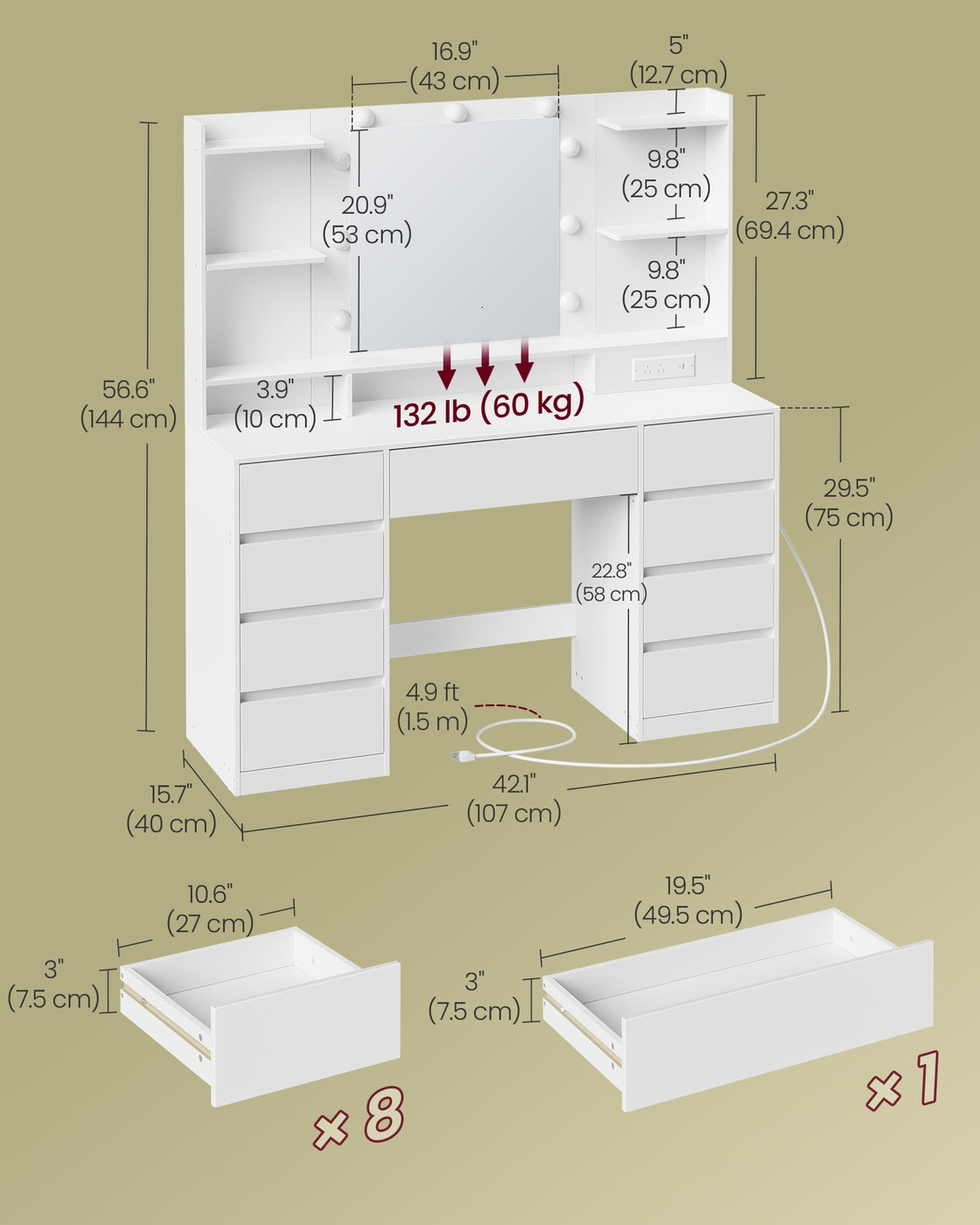 Kailyn Collection - Vanity Desk with Mirror and 9 LED Bulbs