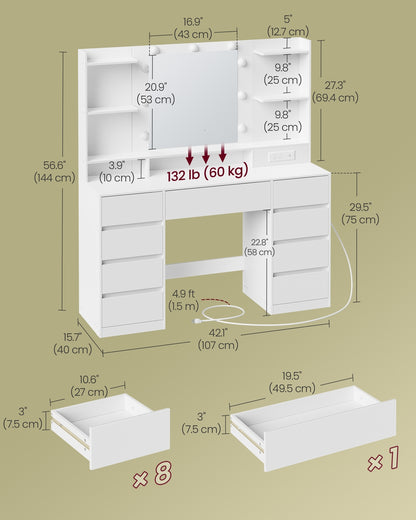 Kailyn Collection - Vanity Desk with Mirror and 9 LED Bulbs