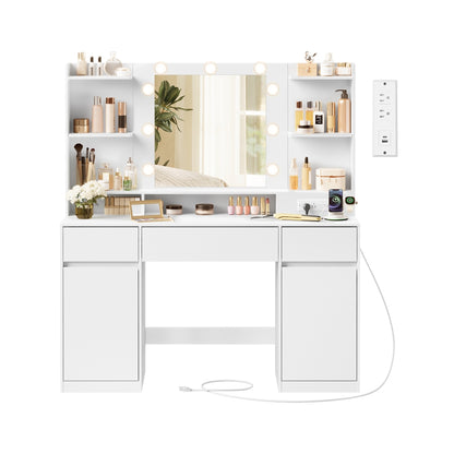 Kailyn Collection - Vanity Desk with Mirror and 9 LED Bulbs - 43.3"W x 56.6"H Cabinet / 43.3"W 3 Drawers 2 Cabinets Vanity Desk - Cloud Wh