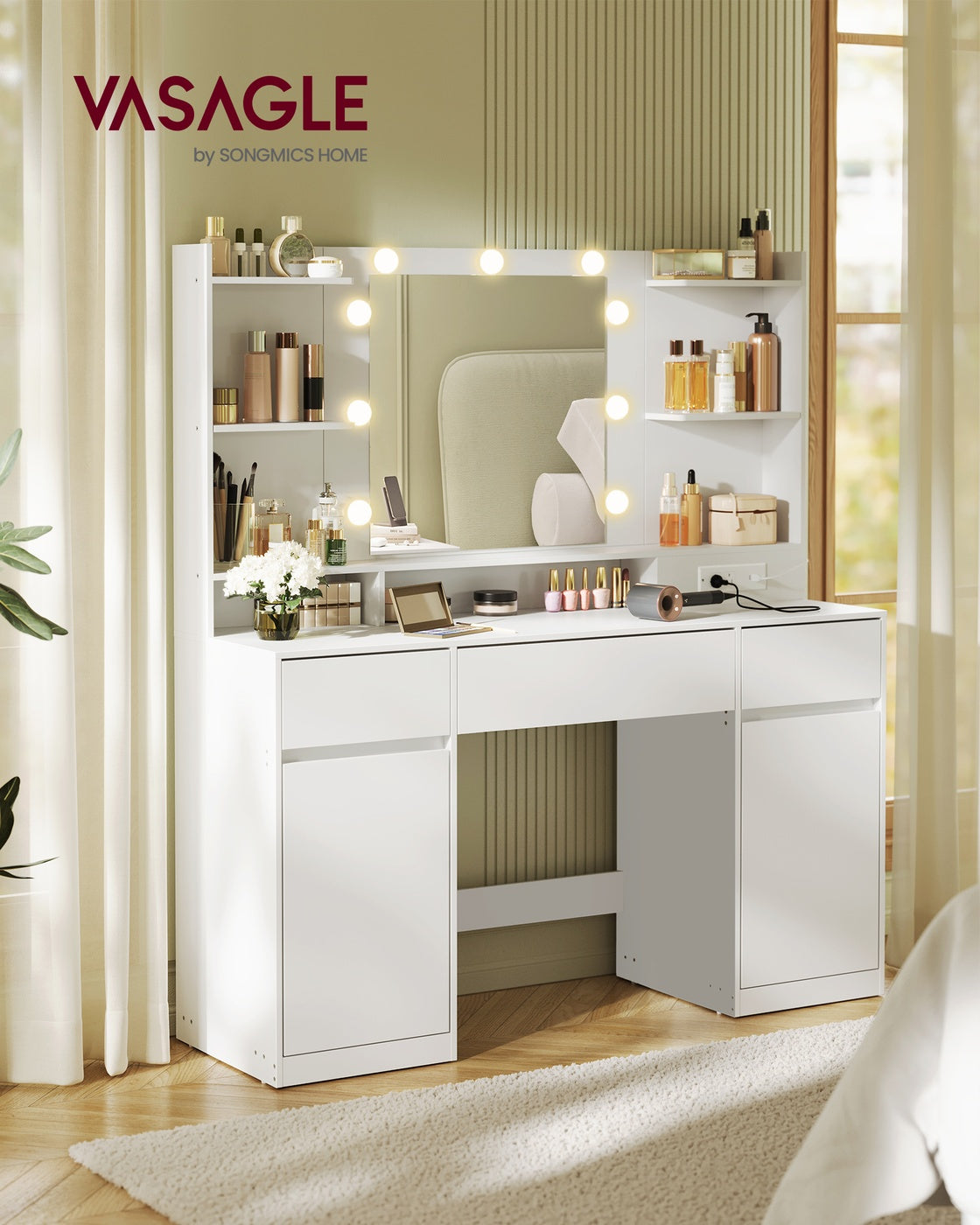 Kailyn Collection - Vanity Desk with Mirror and 9 LED Bulbs