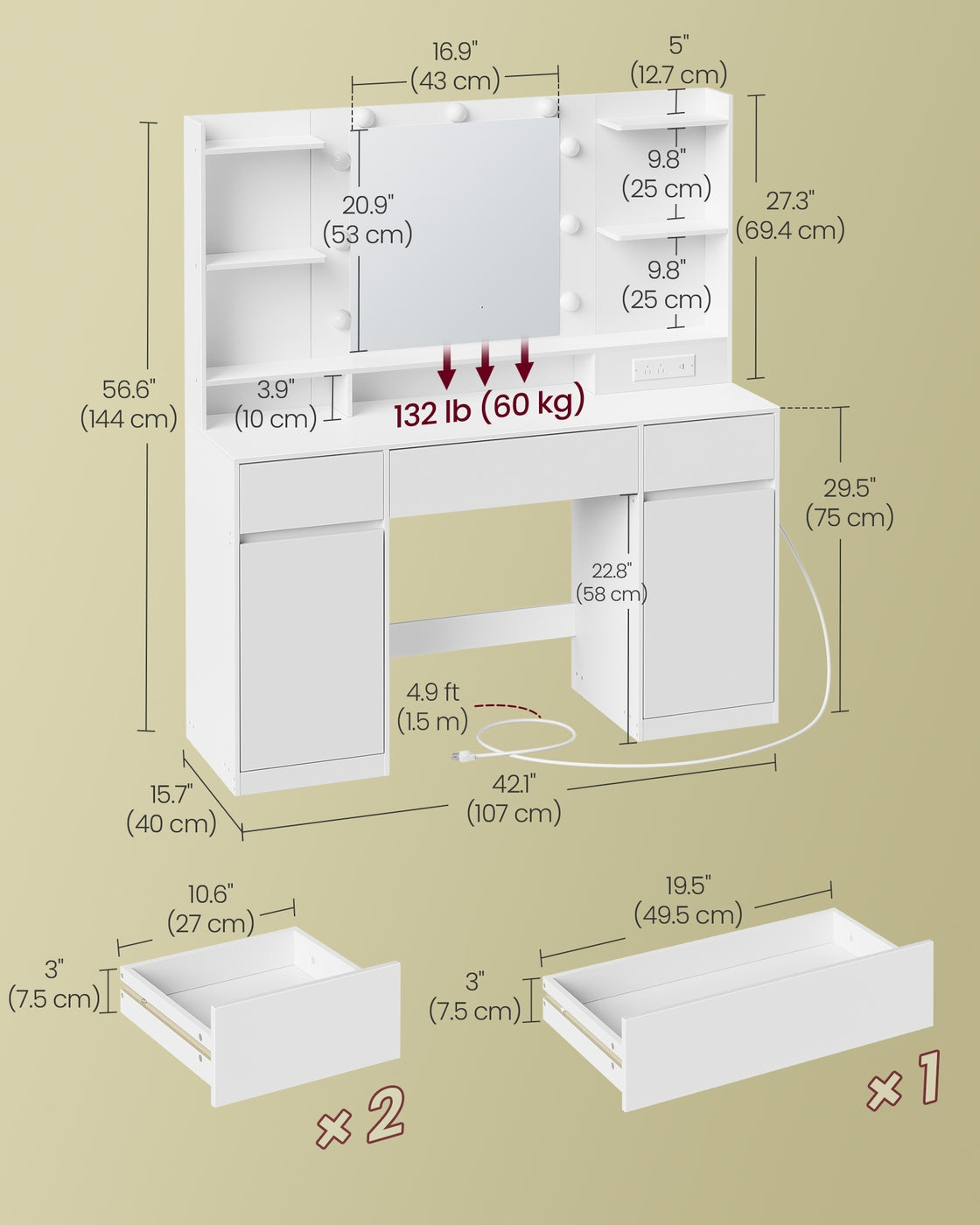 Kailyn Collection - Vanity Desk with Mirror and 9 LED Bulbs