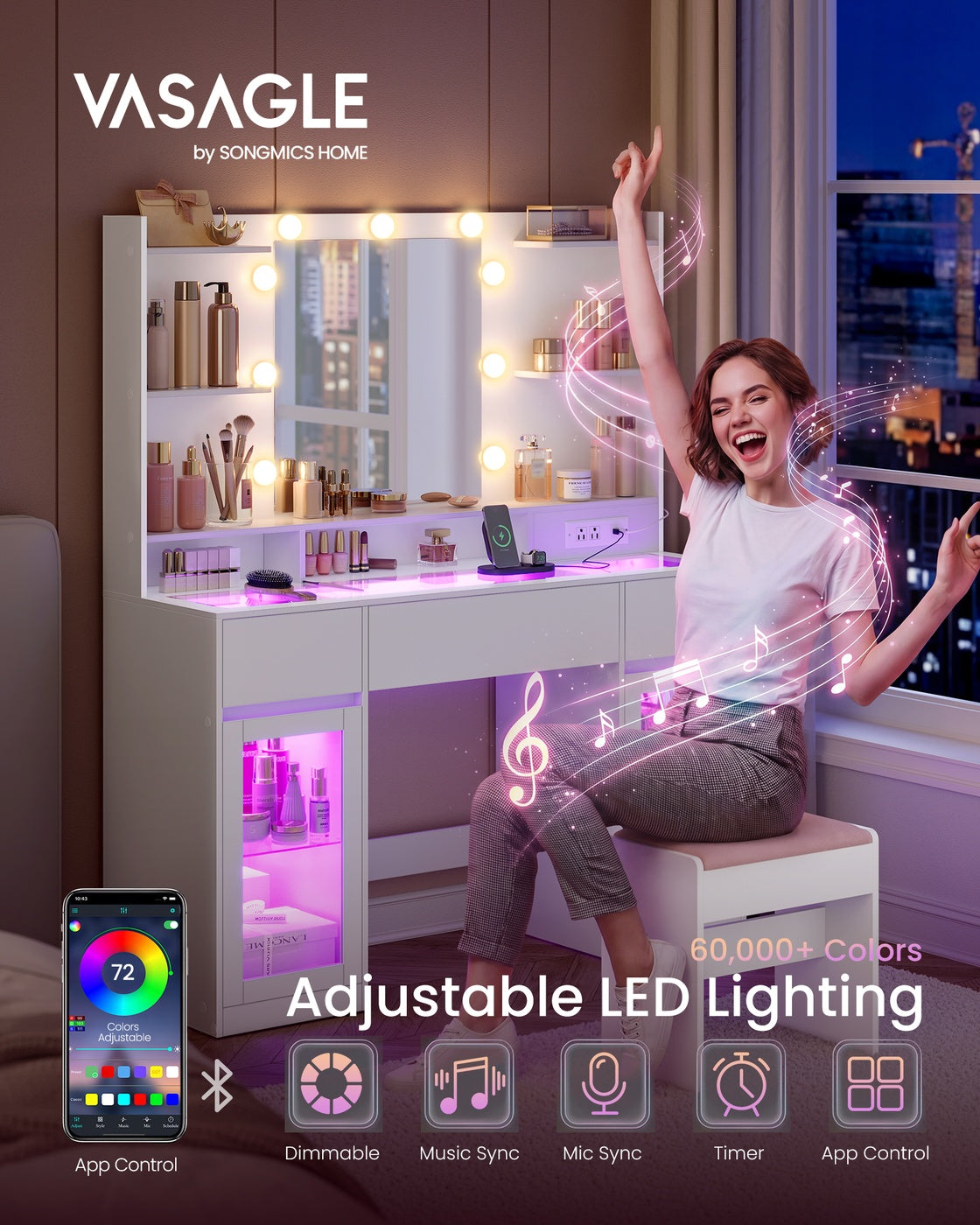 Vanity Desk with LED Lights and Power Outlet - image 4