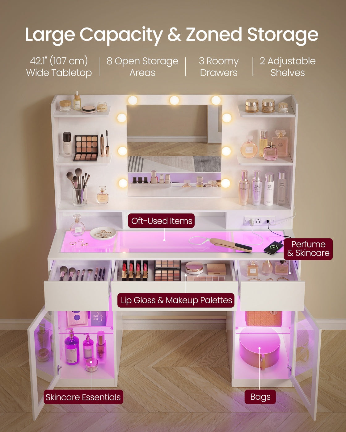 Vanity Desk with LED Lights and Power Outlet - image 5