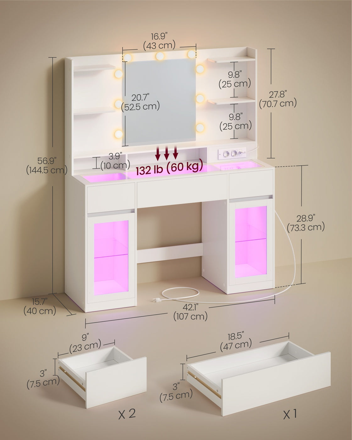 Vanity Desk with LED Lights and Power Outlet - image 7