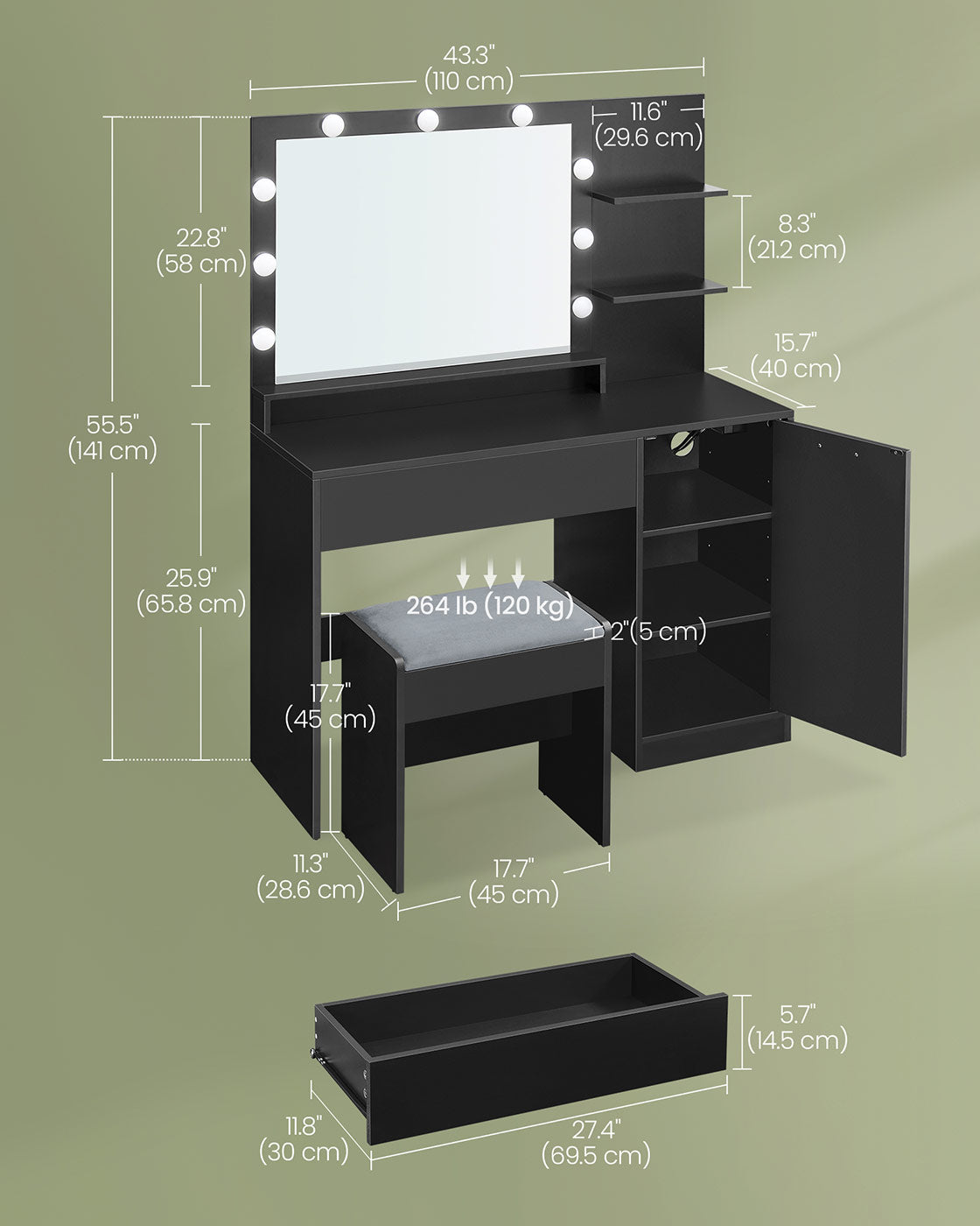 Vanity Desk with Mirror and Lights