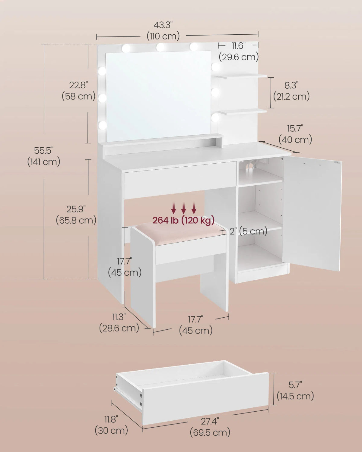Vanity Desk with Mirror and Lights