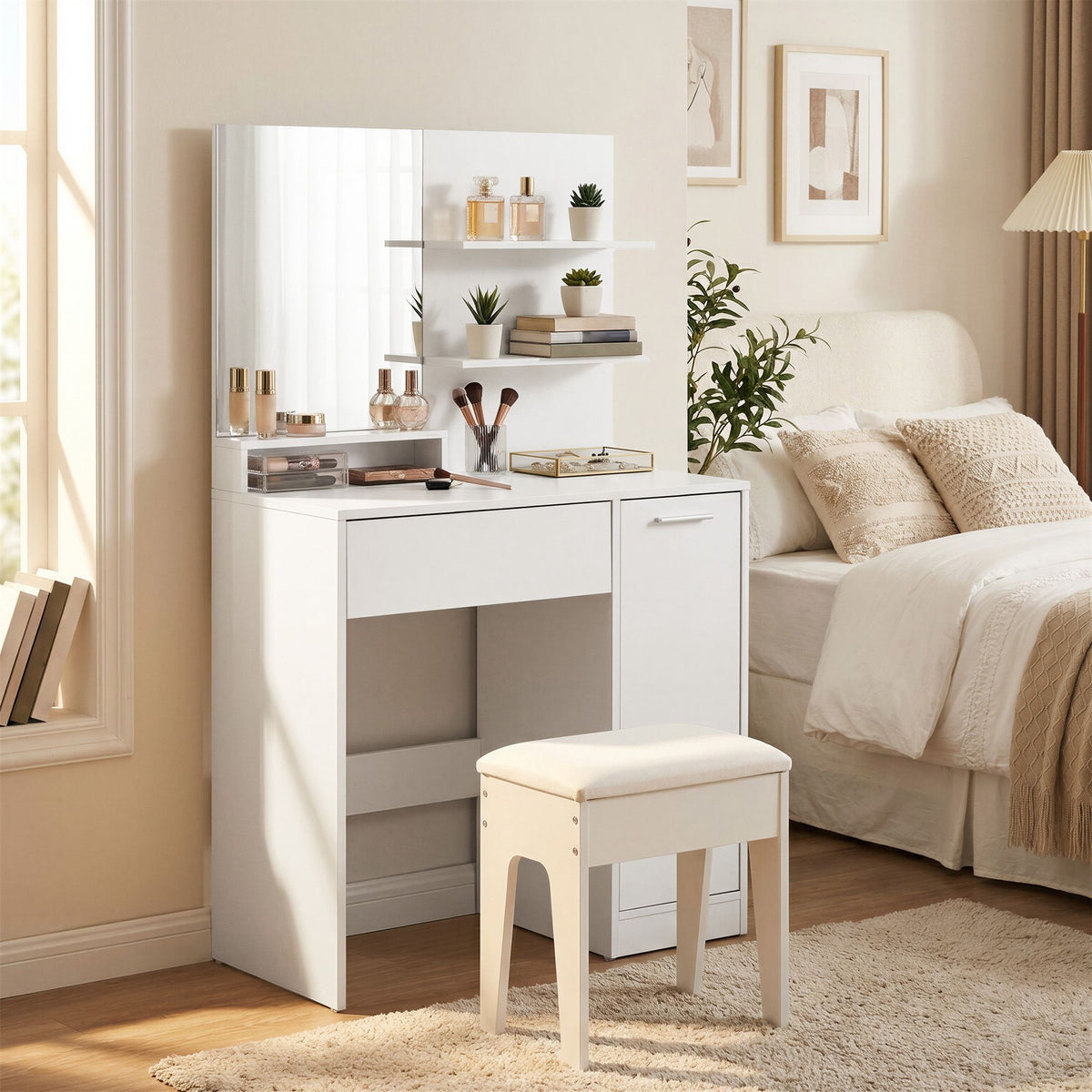 Vanity Table with Mirror, 1 Drawer, 2 Shelves