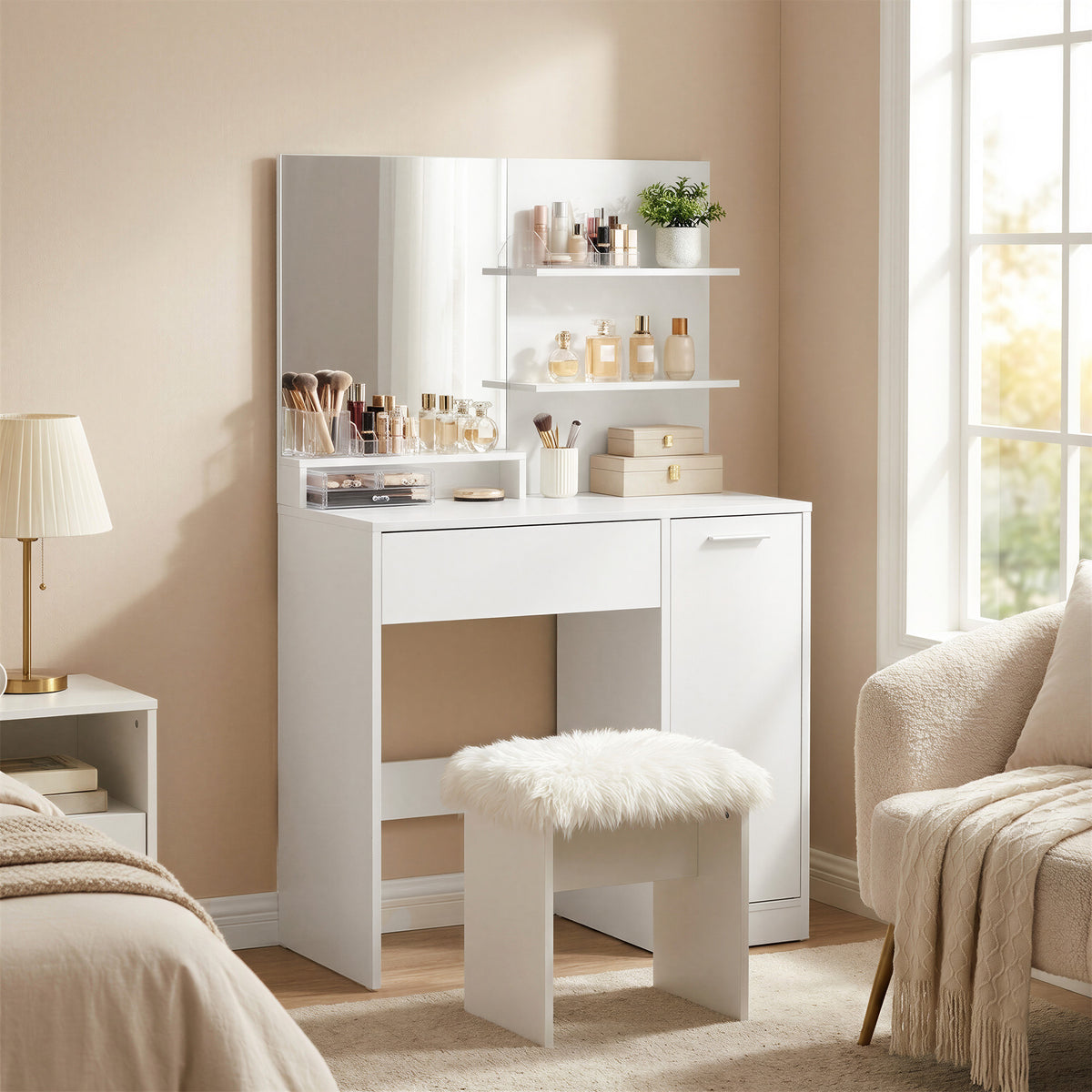 Vanity Table with Mirror, 1 Drawer, 2 Shelves