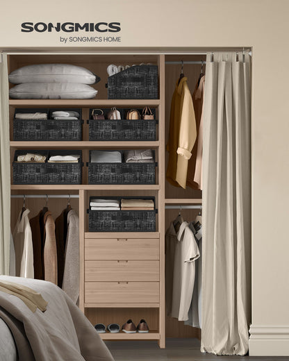 Set of 6 Storage Baskets, Foldable Storage Bins, Fabric Boxes, 15.7 x 11.8 x 7.9 Inches, Closet Storage Organizers, 3 Handles, 3 Handles, for Bedroom, Living Room, Ink Black