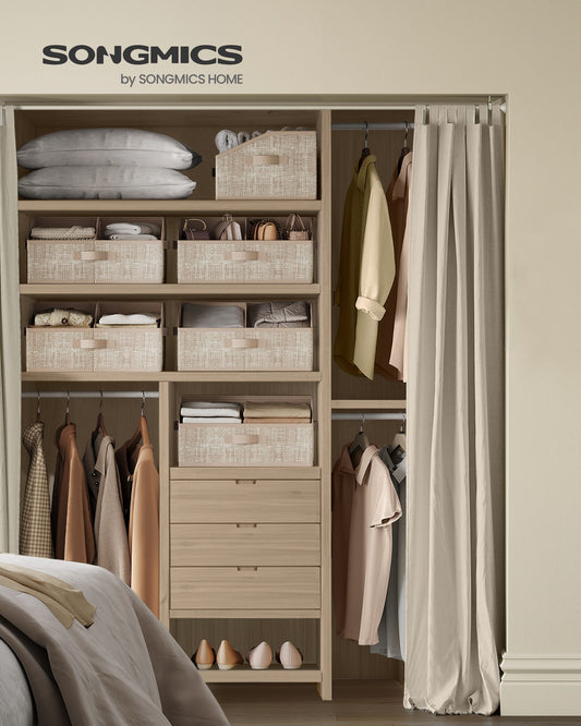 Set of 6 Storage Baskets, Foldable Storage Bins, Fabric Boxes, 15.7 x 11.8 x 7.9 Inches, Closet Storage Organizers, 3 Handles, for Bedroom, Living Room, Sand Beige