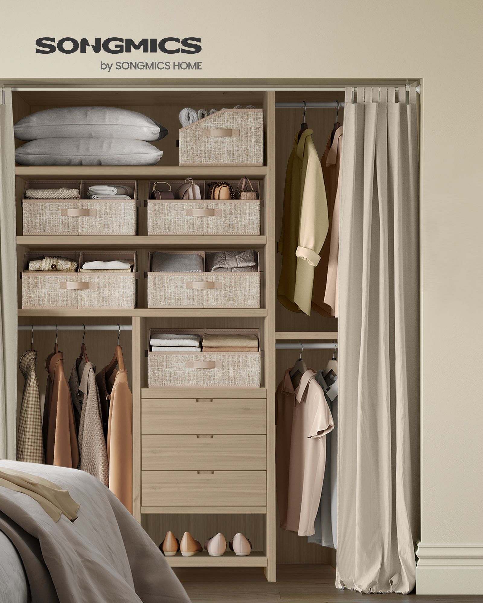 Set of 6 Storage Baskets, Foldable Storage Bins, Fabric Boxes, 15.7 x 11.8 x 7.9 Inches, Closet Storage Organizers, 3 Handles, for Bedroom, Living Room, Sand Beige URFB0140K01