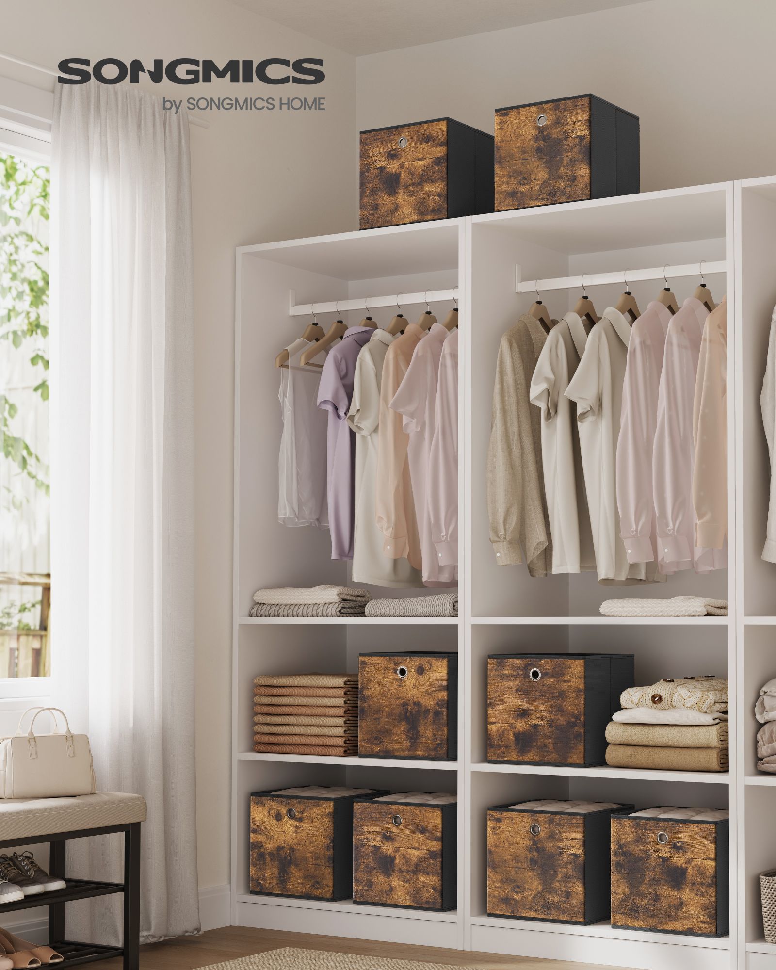 Storage Cubes, Set of 8 Storage Bins, Foldable Fabric Storage Boxes, 11.8 x 11.8 x 11.8 Inches, Fit Cube Storage Unit, for Clothes, Bedroom, Living Room, Rustic Brown and Ink Black