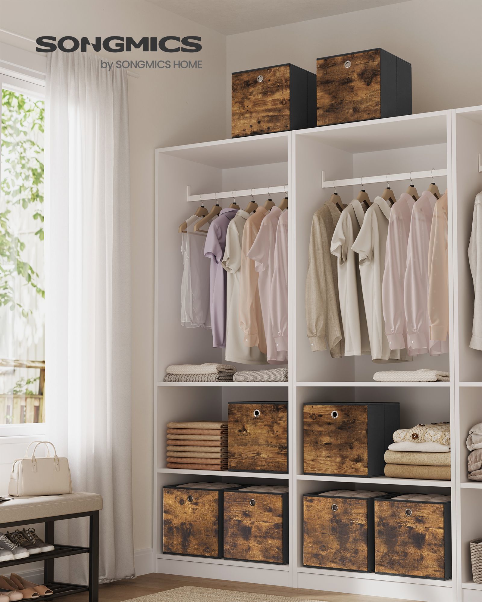 Storage Cubes, Set of 8 Storage Bins, Foldable Fabric Storage Boxes, 13 x 13 x 13 Inches, Fit Cube Storage Unit, for Clothes, Bedroom, Living Room, Rustic Brown and Ink Black