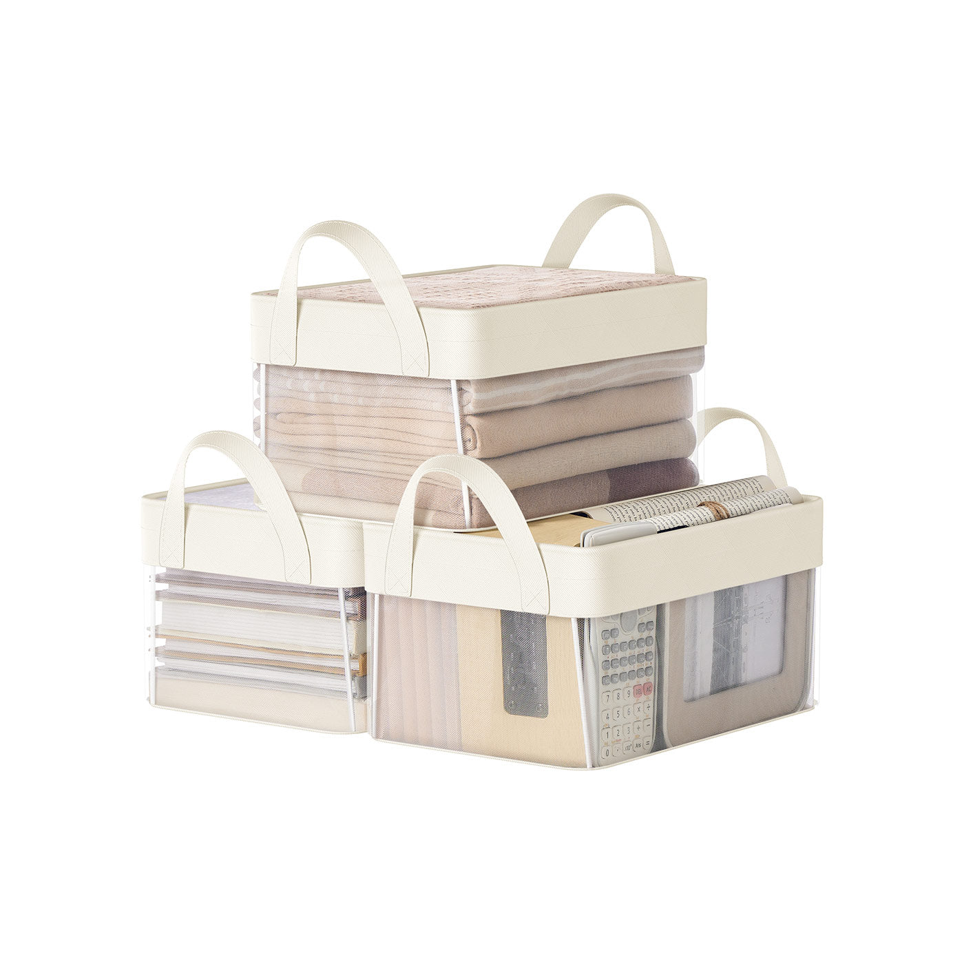 Storage Bins Set of 3 Transparent Mesh Cream White