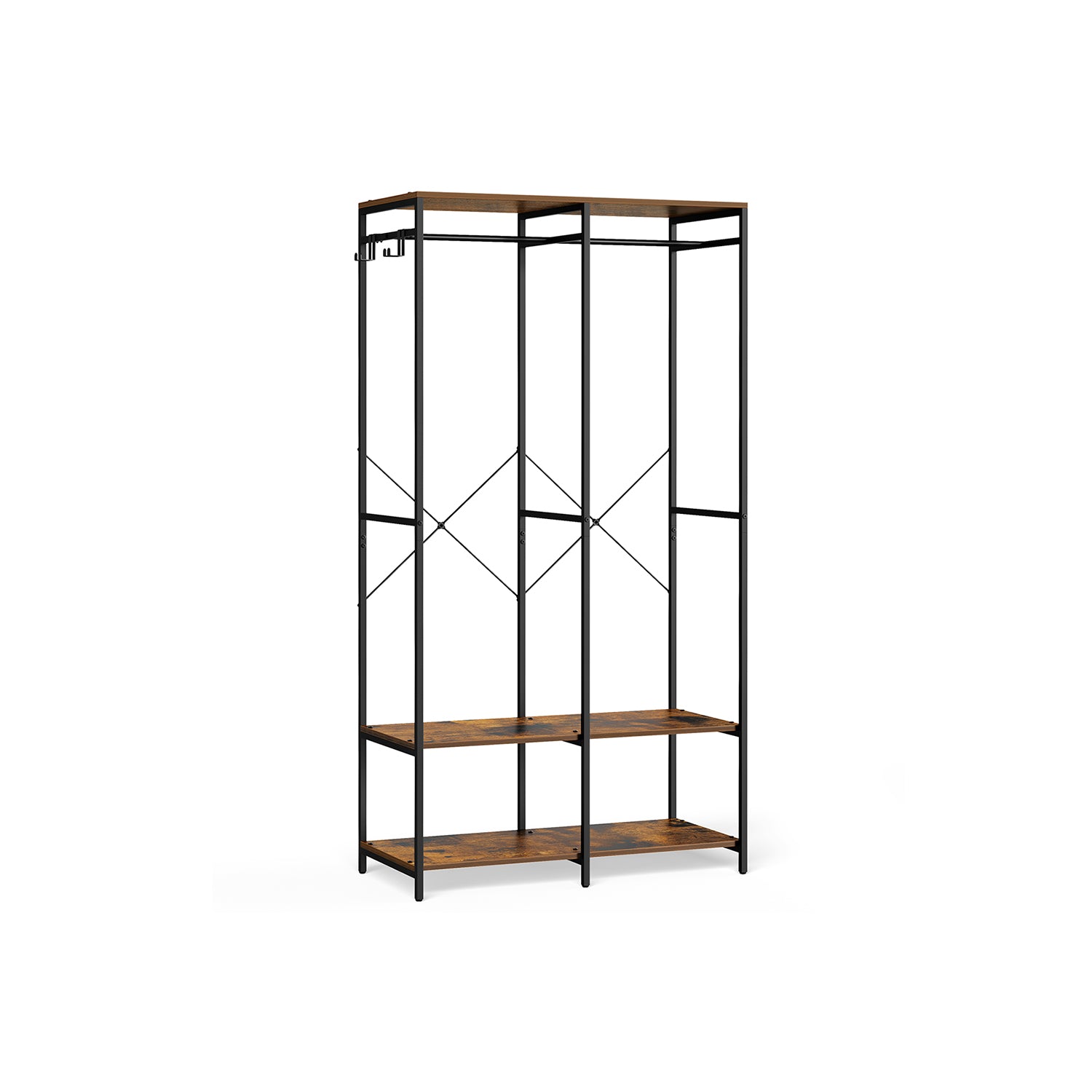 Iron and Wood Clothes Rack with Hanging Rods, Closet Shelves, Removable Hooks